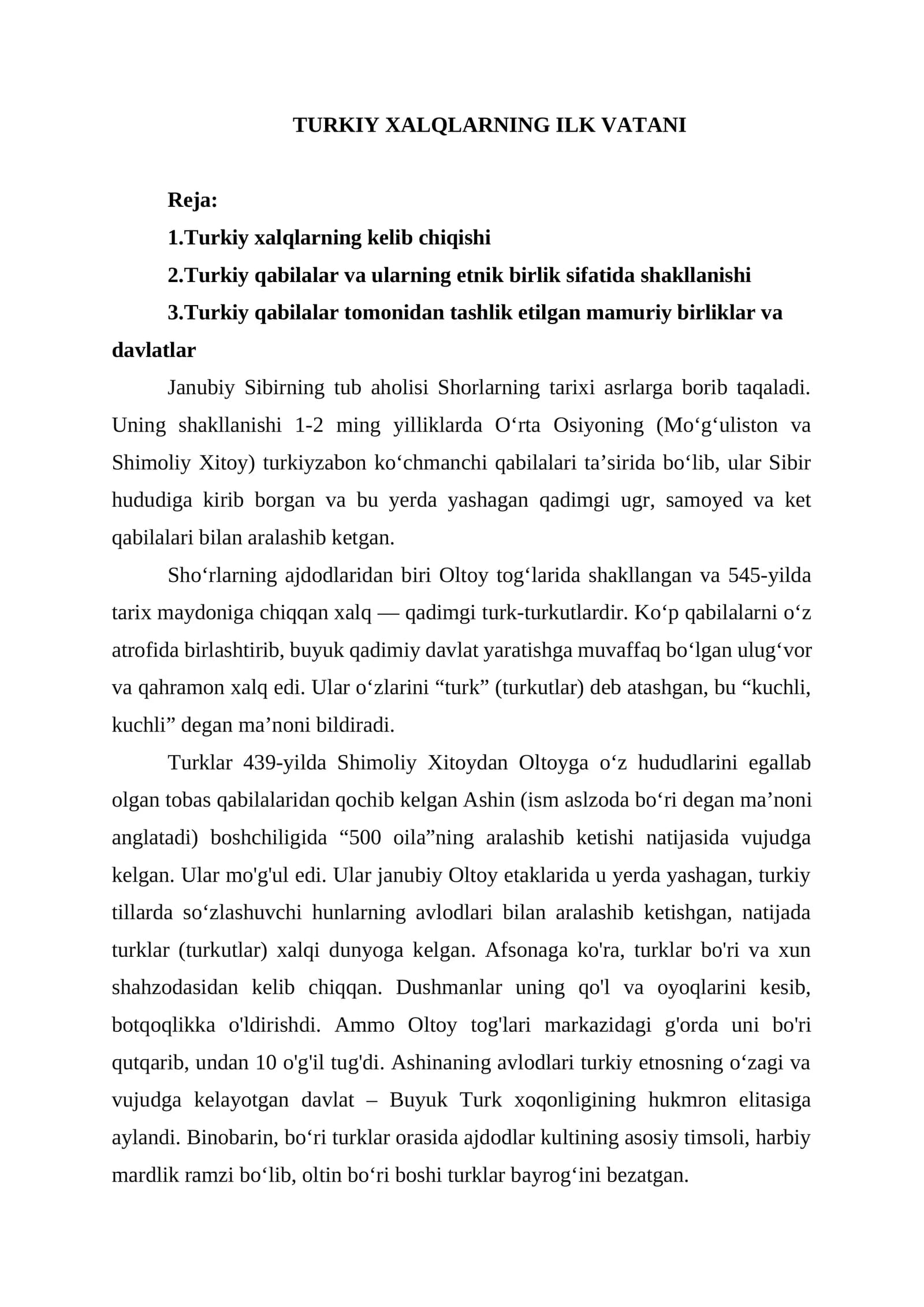 TURKIY XALQLARNING ILK VATANI