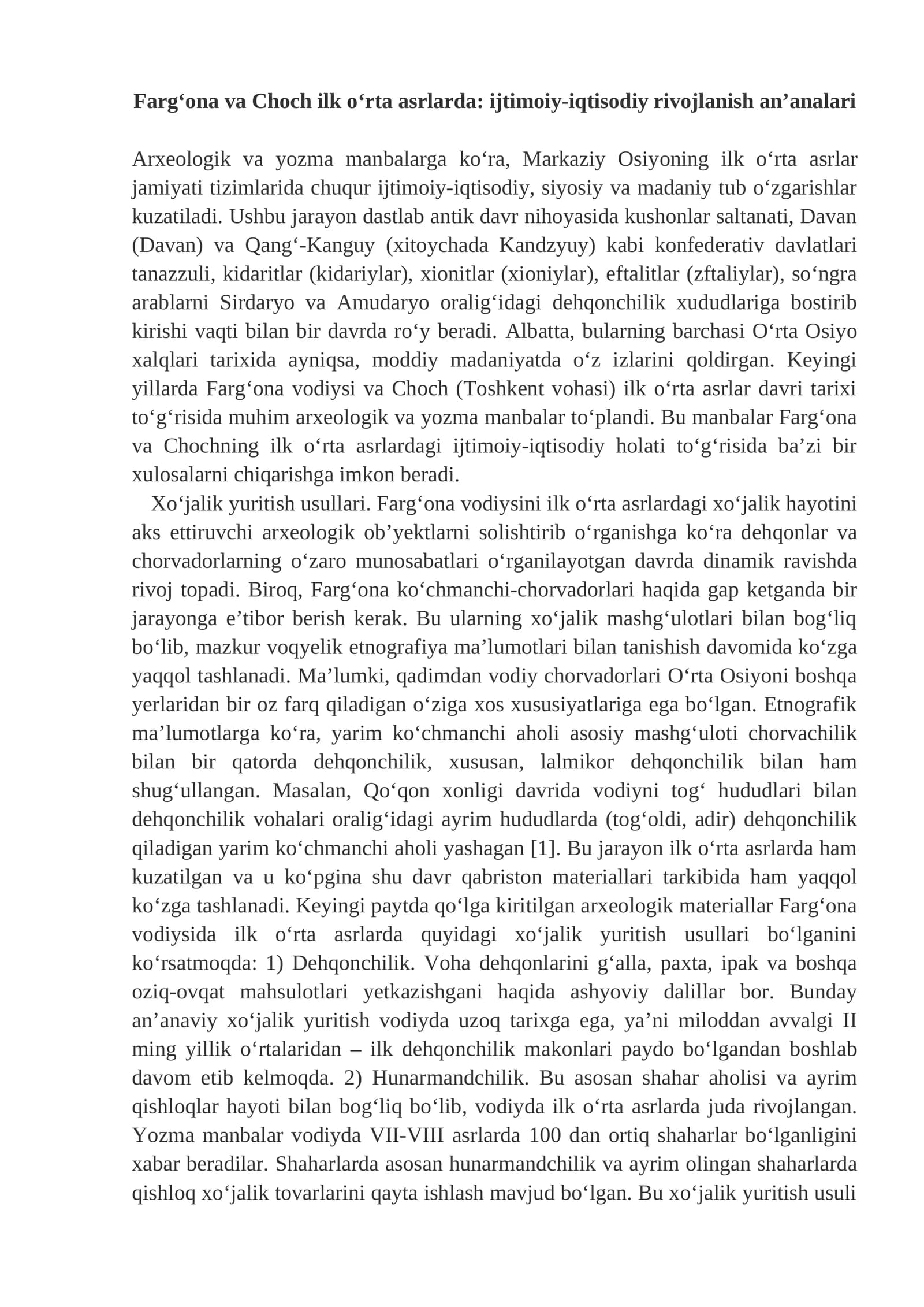Farg‘ona va Choch ilk o‘rta asrlarda: ijtimoiy-iqtisodiy rivojlanish an’analari