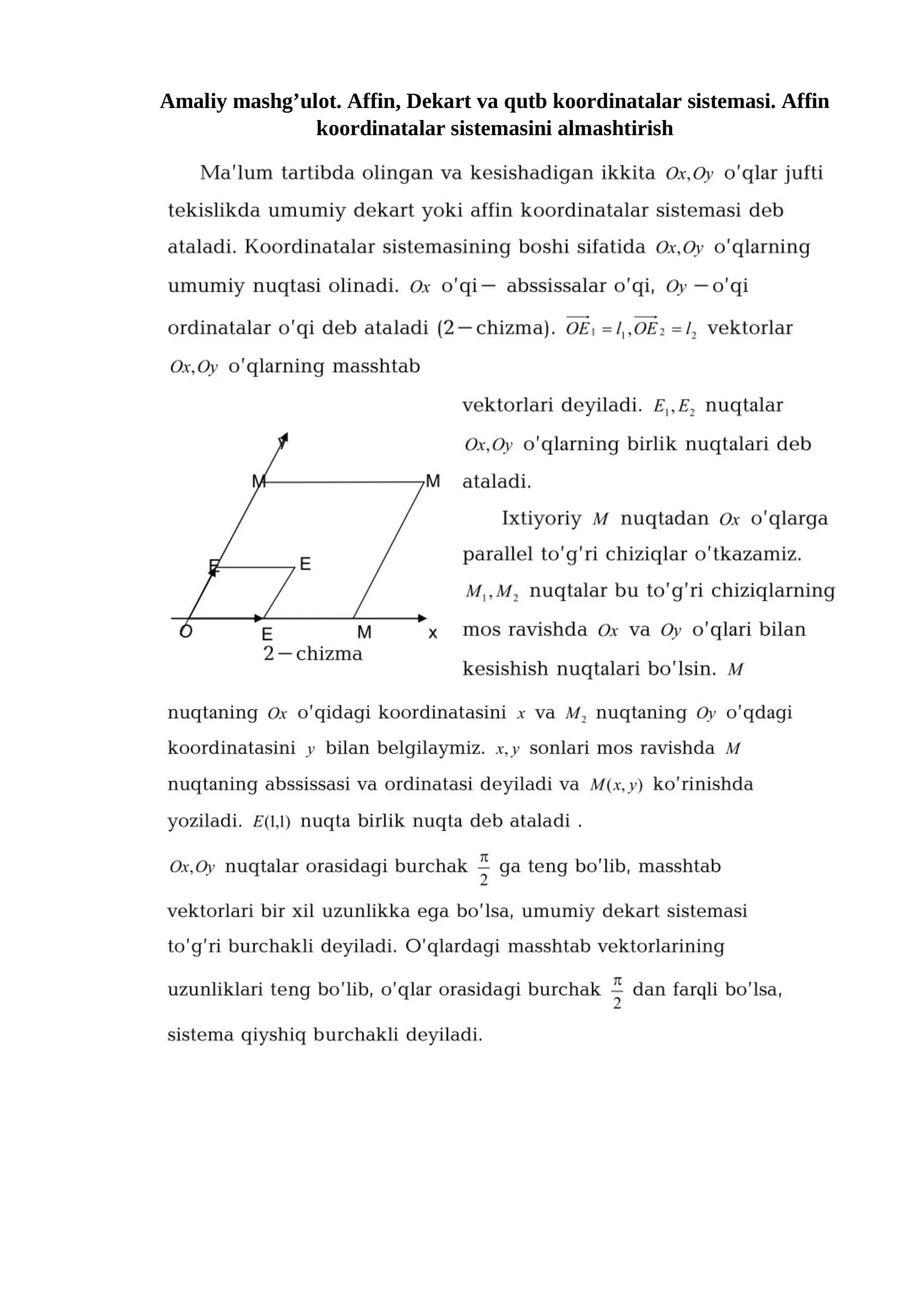 Affin, Dekart va qutb koordinatalar sistemasi