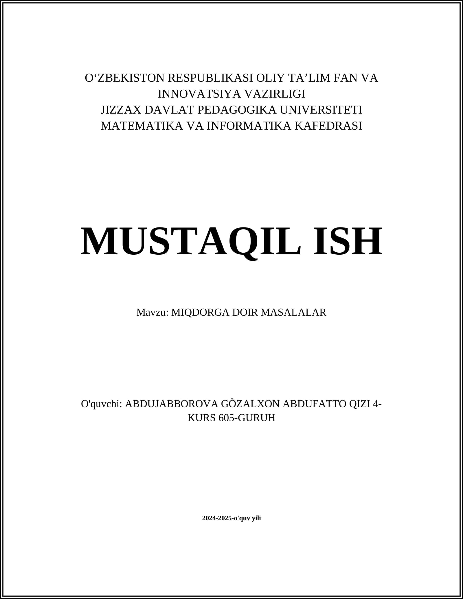 MIQDORGA DOIR MASALALAR