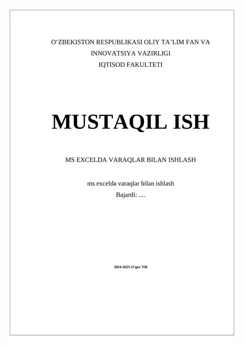 MS EXCELDA VARAQLAR BILAN ISHLASH