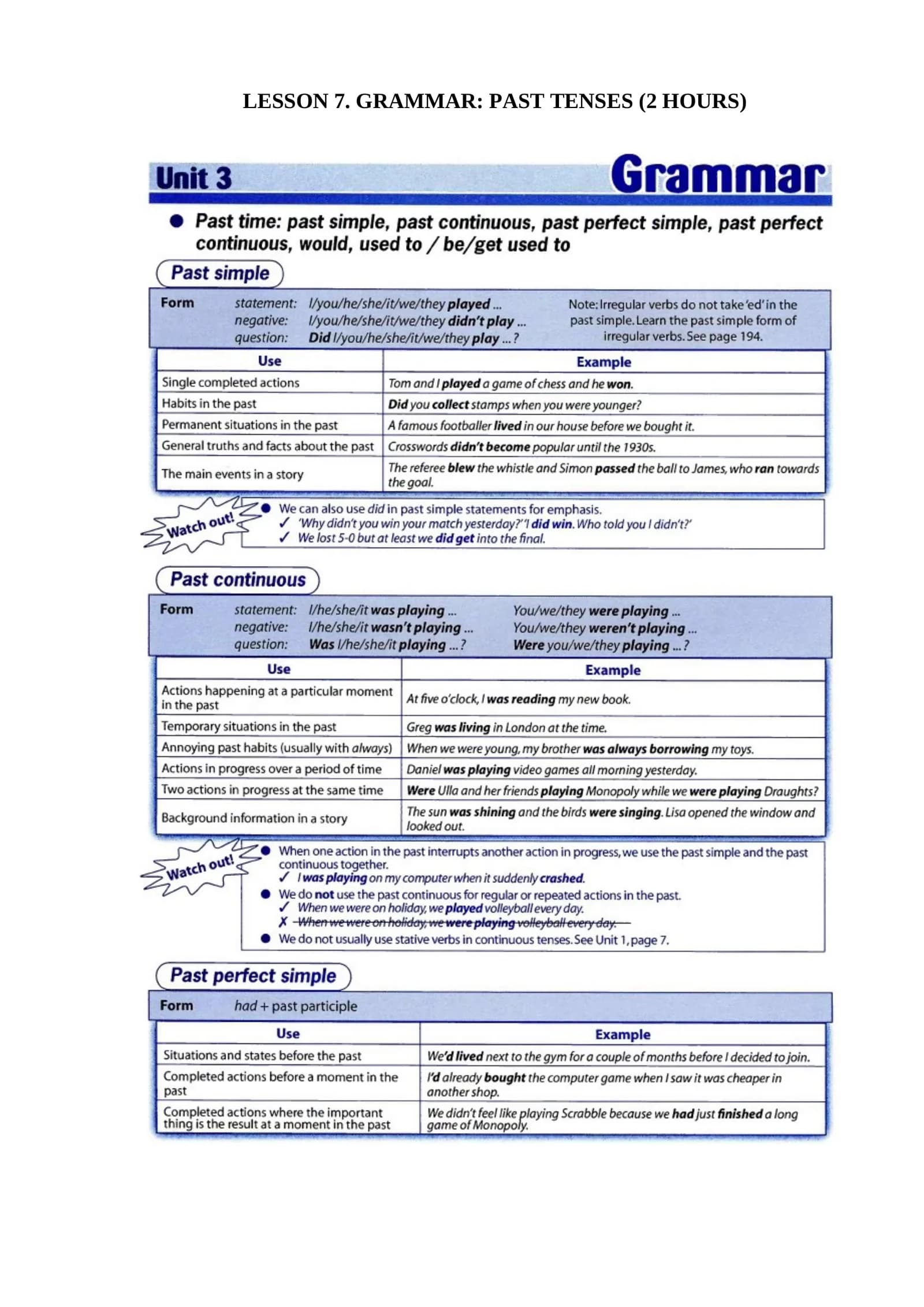 GRAMMAR: PAST TENSES