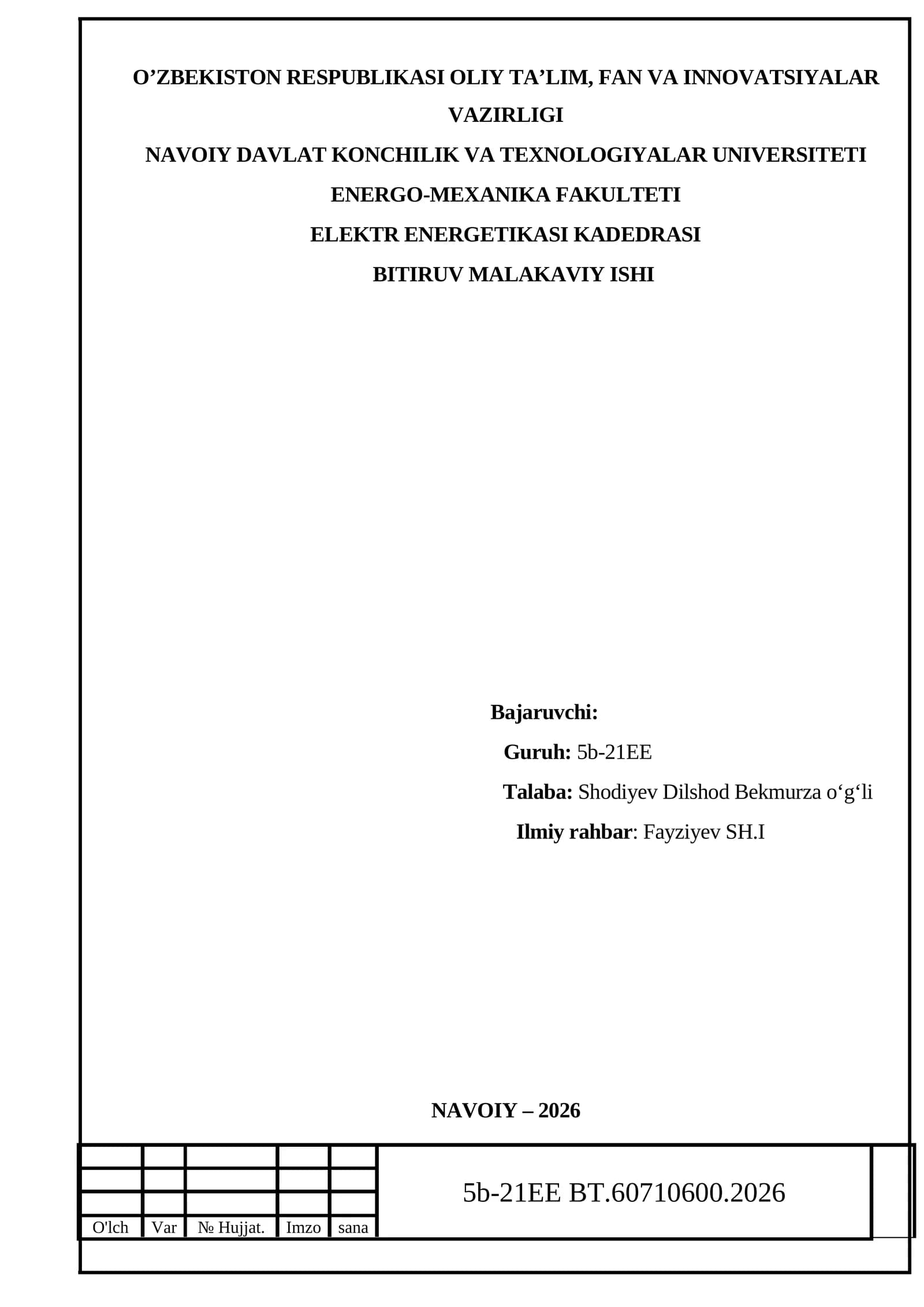 220–500 kVli elektr uzatish tarmoqlarida elektr energiyasi yo’qotishlarini tahlil qilish va ularni kamaytirish tadbirlari (Navoiy MET filiali misolida)