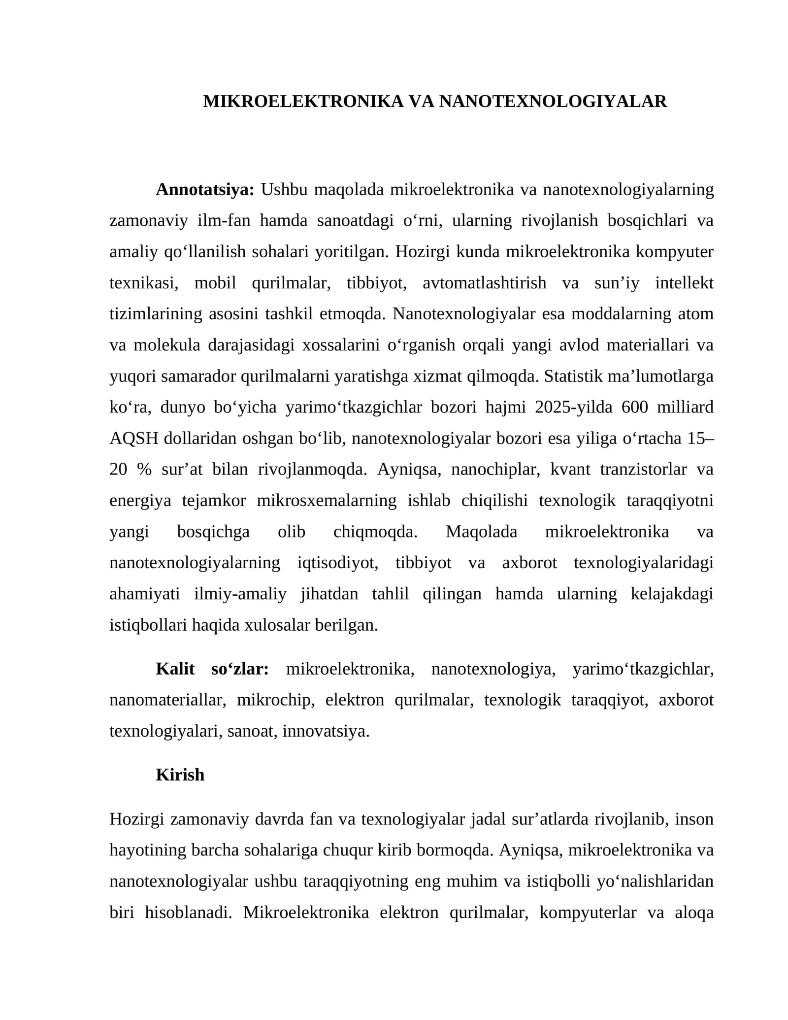 MIKROELEKTRONIKA VA NANOTEXNOLOGIYALAR