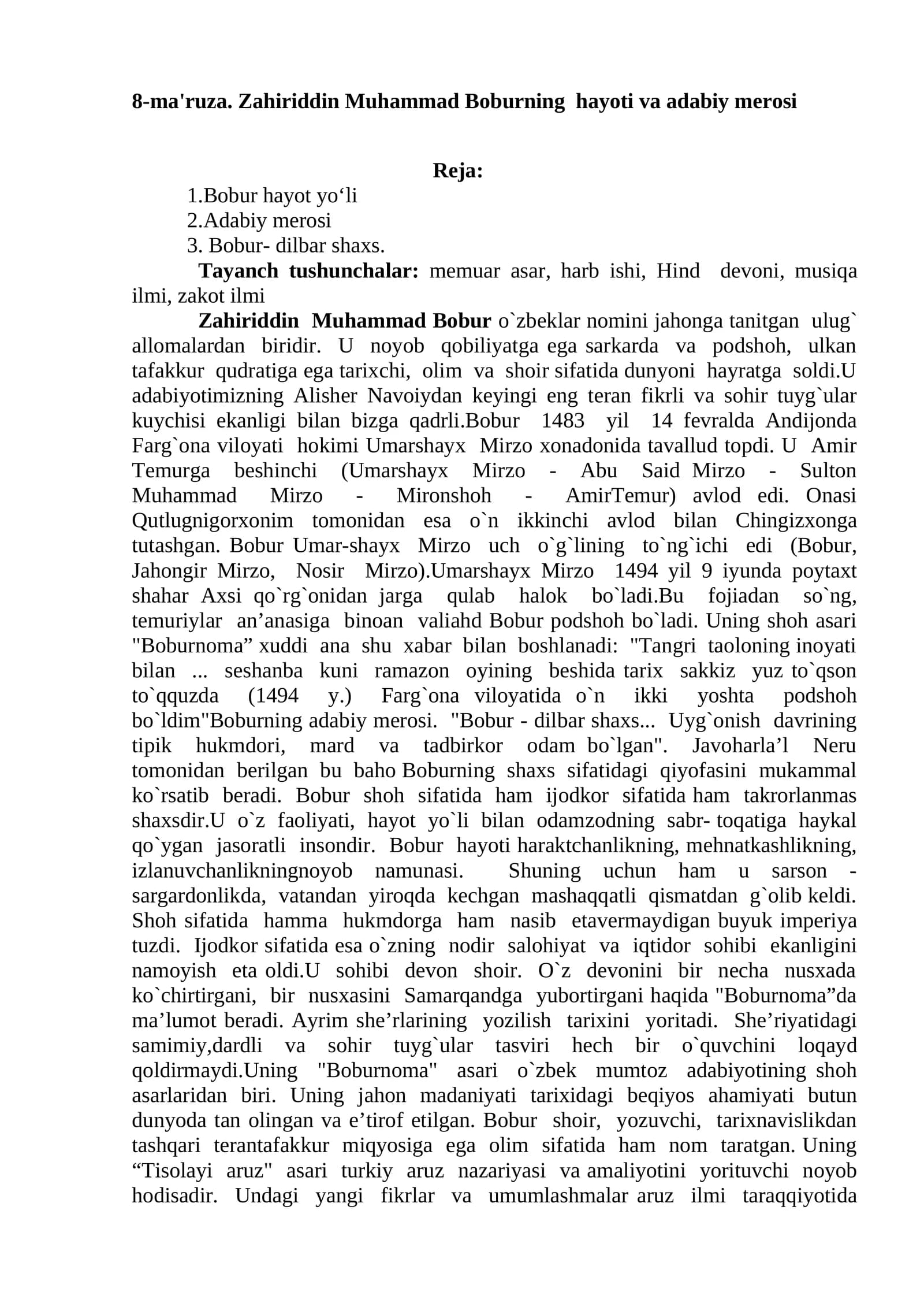 Zahiriddin Muhammad Boburning hayoti va adabiy merosi
