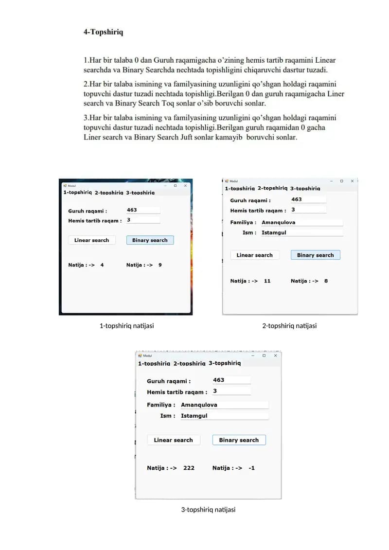 Qidiruv tizimlari (linear search, binary search) dastur kodi