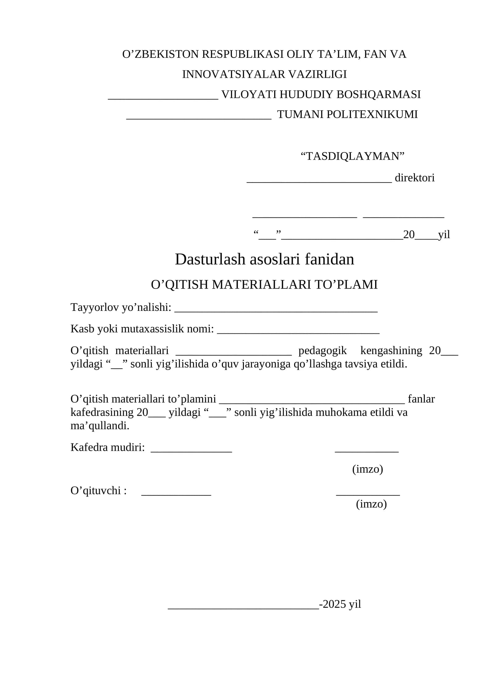 O’QITISH MATERIALLARI TO’PLAMI