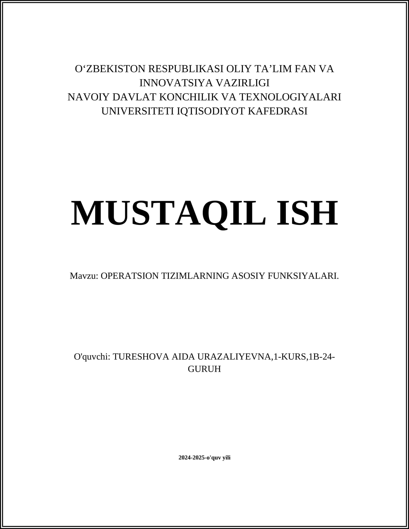 OPERATSION TIZIMLARNING ASOSIY FUNKSIYALARI