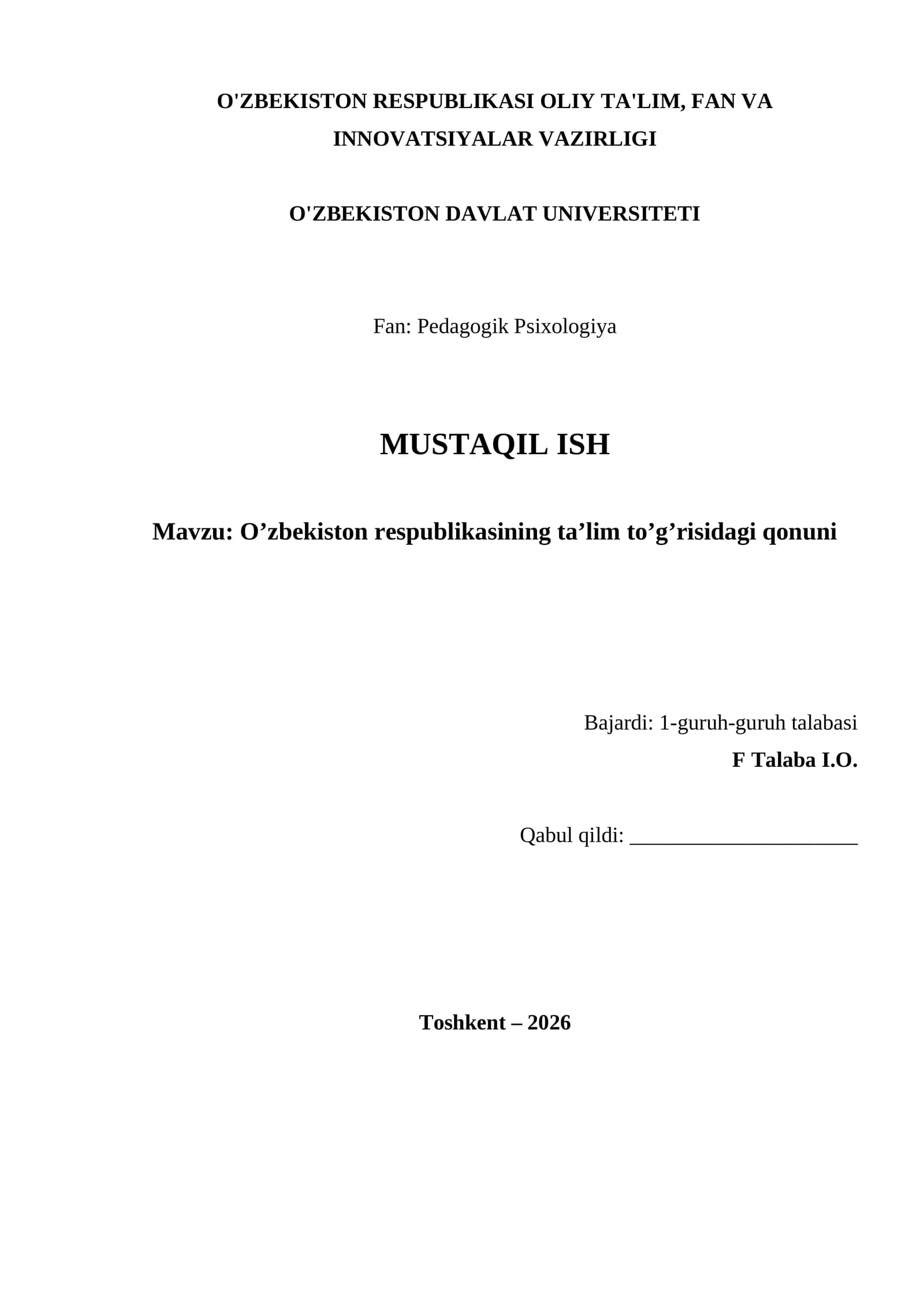 O’zbekiston respublikasining ta’lim to’g’risidagi qonuni