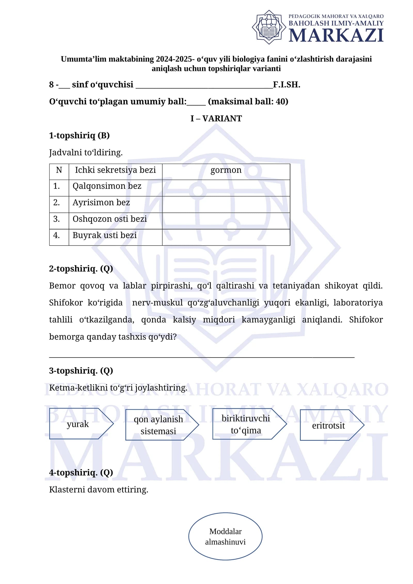 Umumta’lim maktabining 2024-2025-o‘quv yili biologiya fanini o‘zlashtirish darajasini aniqlash uchun topshiriqlar varianti