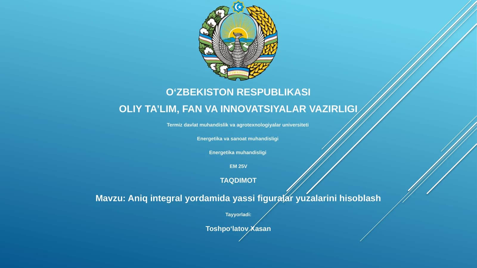 Aniq integral yordamida yassi figuralar yuzalarini hisoblash