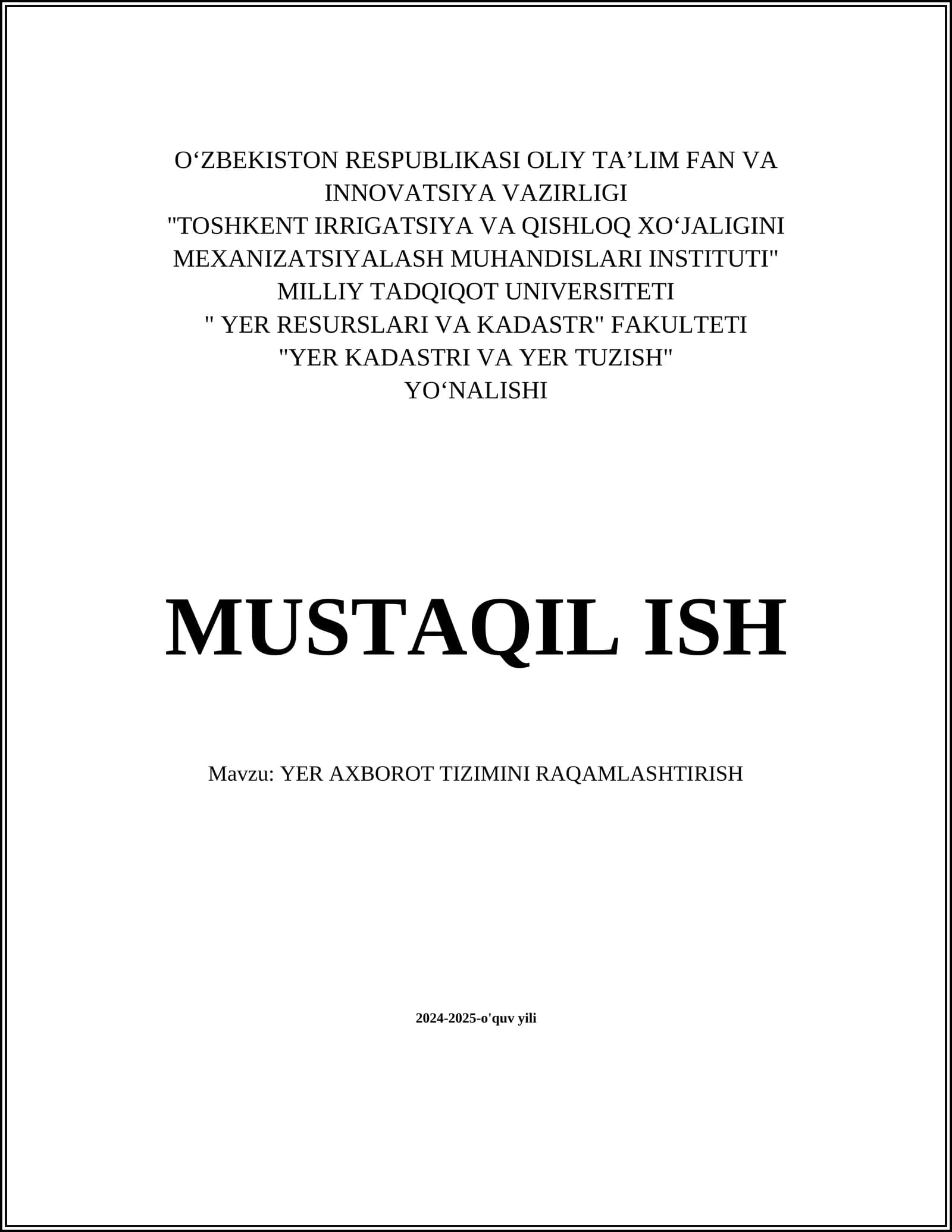 YER AXBOROT TIZIMINI RAQAMLASHTIRISH