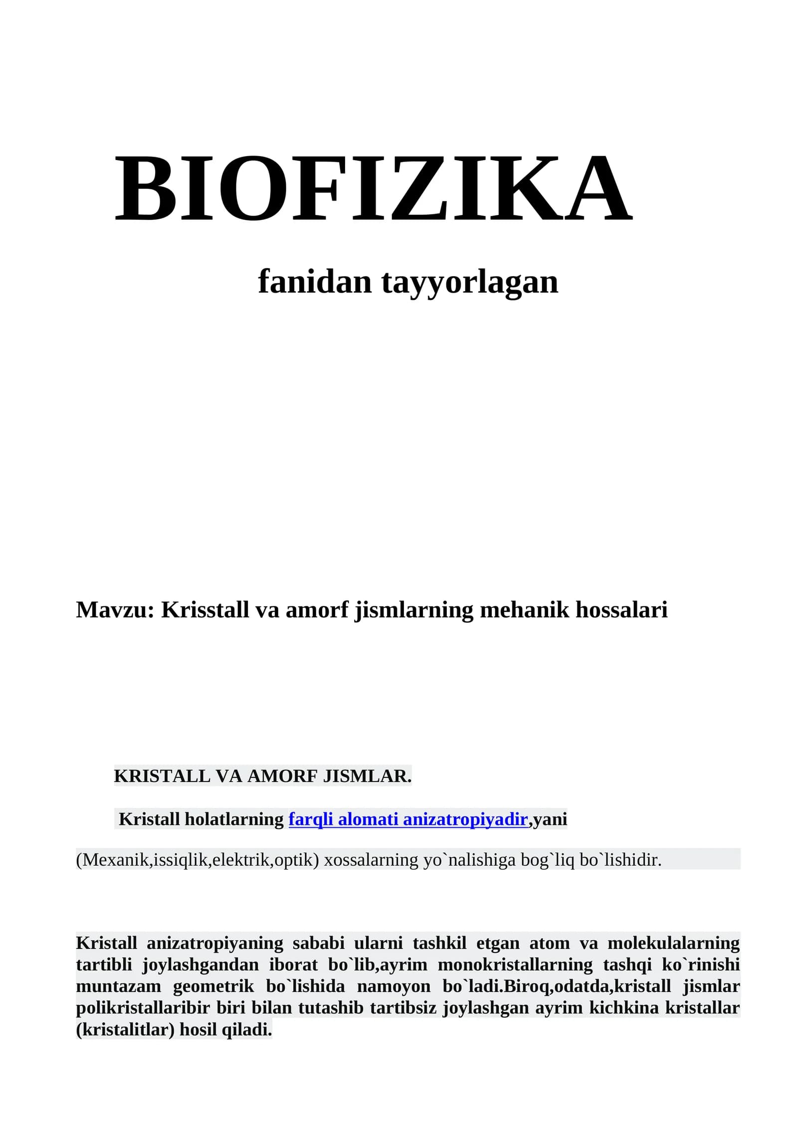 Krisstall va amorf jismlarning mehanik hossalari