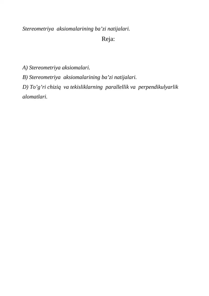 Stereometriya aksiomalarining ba’zi natijalari