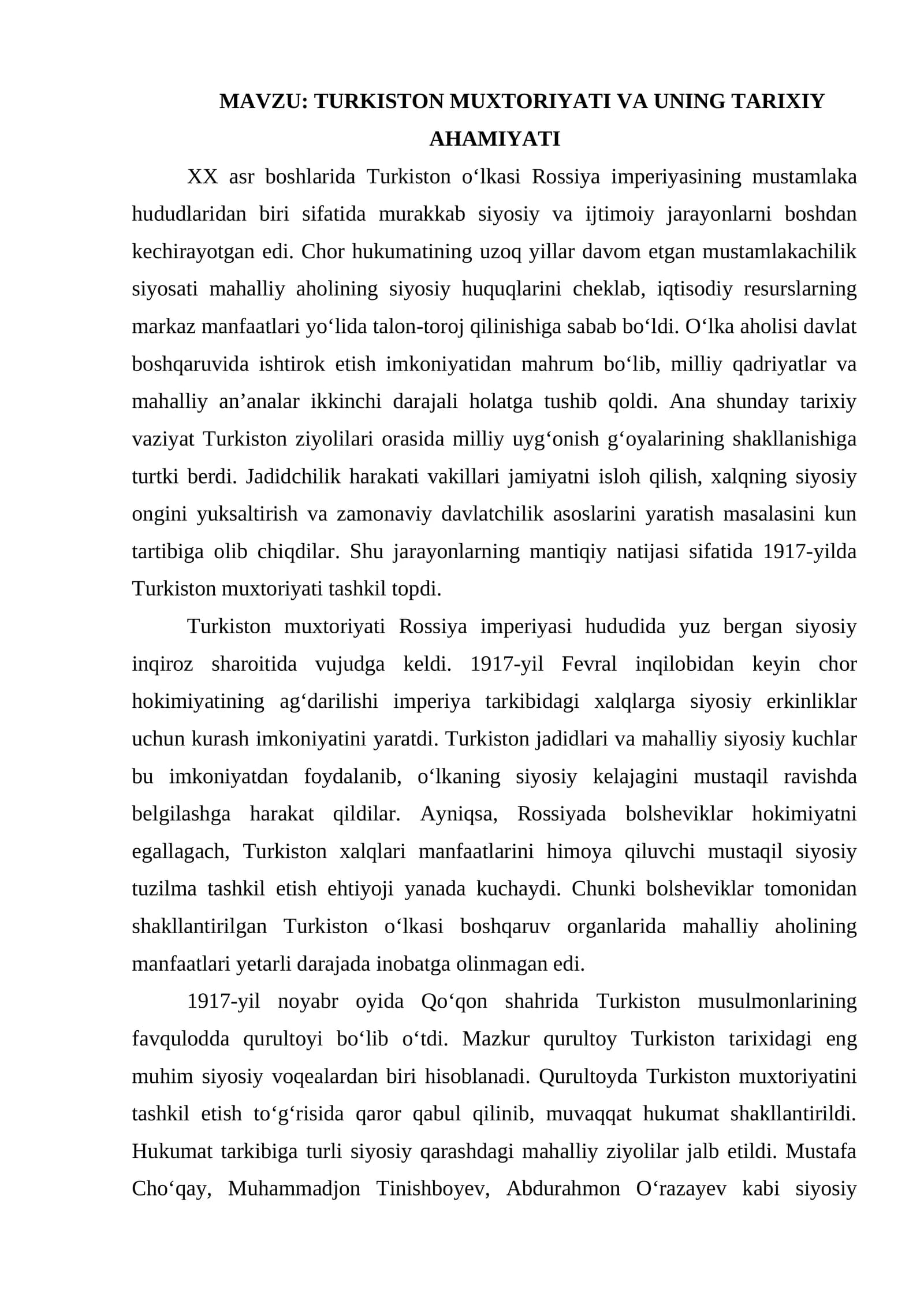 TURKISTON MUXTORIYATI VA UNING TARIXIY AHAMIYATI.