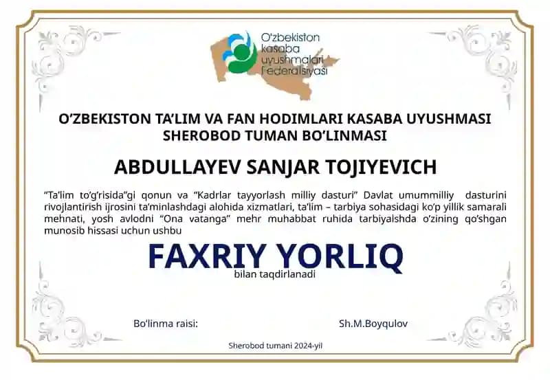 Kasaba uyushma uchun faxriy yorliq