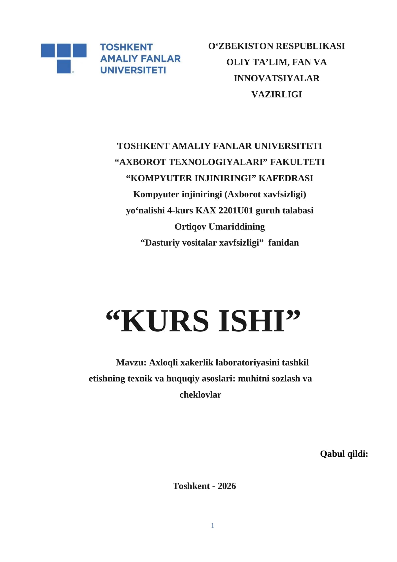 Dasturiy vositalar xavfsizligi fanidan KURS ISHI