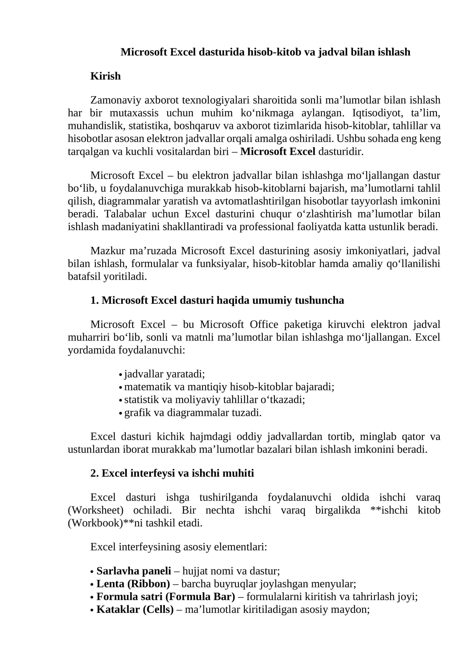 Microsoft Excel dasturida hisob-kitob va jadval bilan ishlash