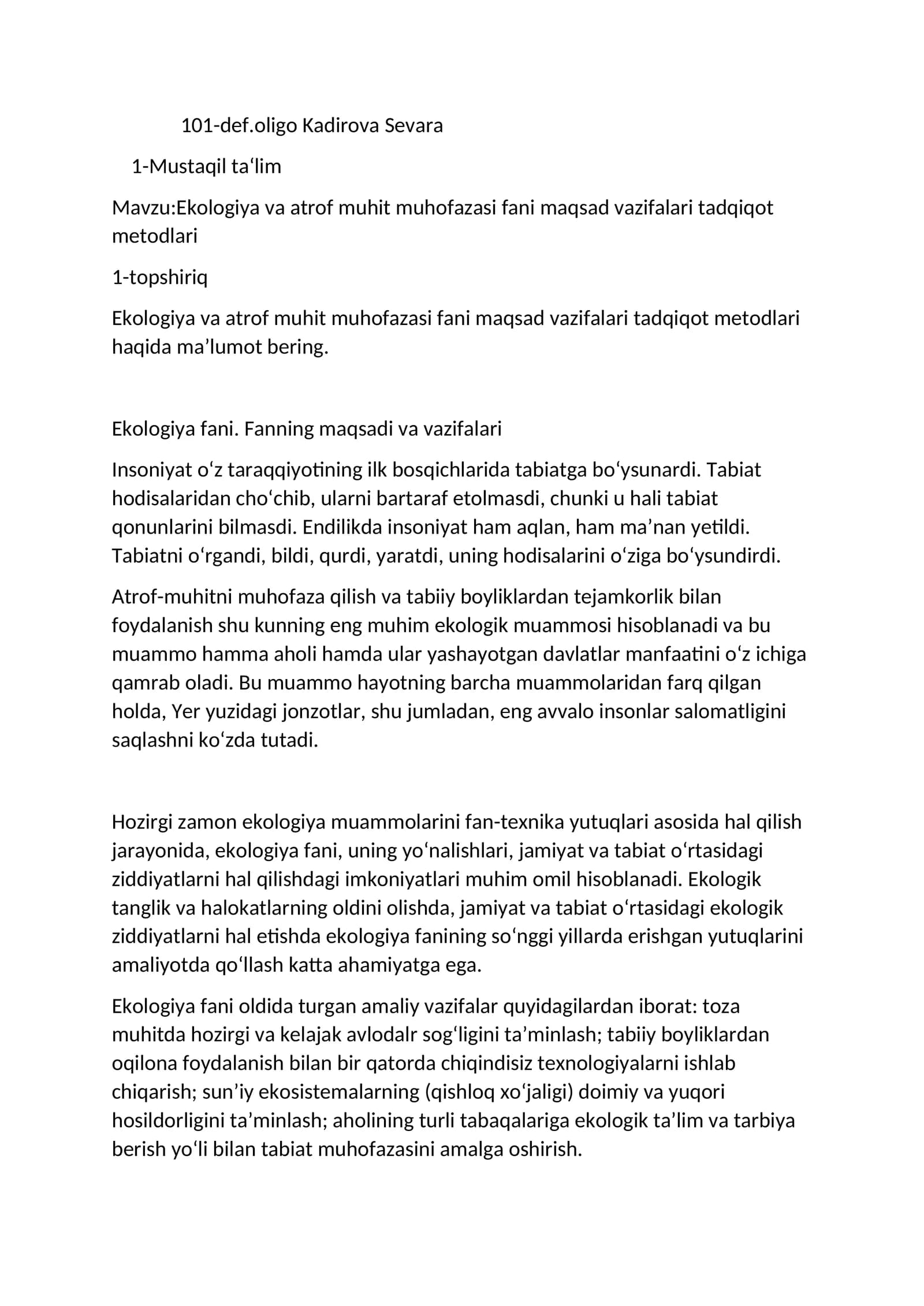 Atrof-muhit va ekologiyani muhofaza qilish asoslari va metodologiyasi