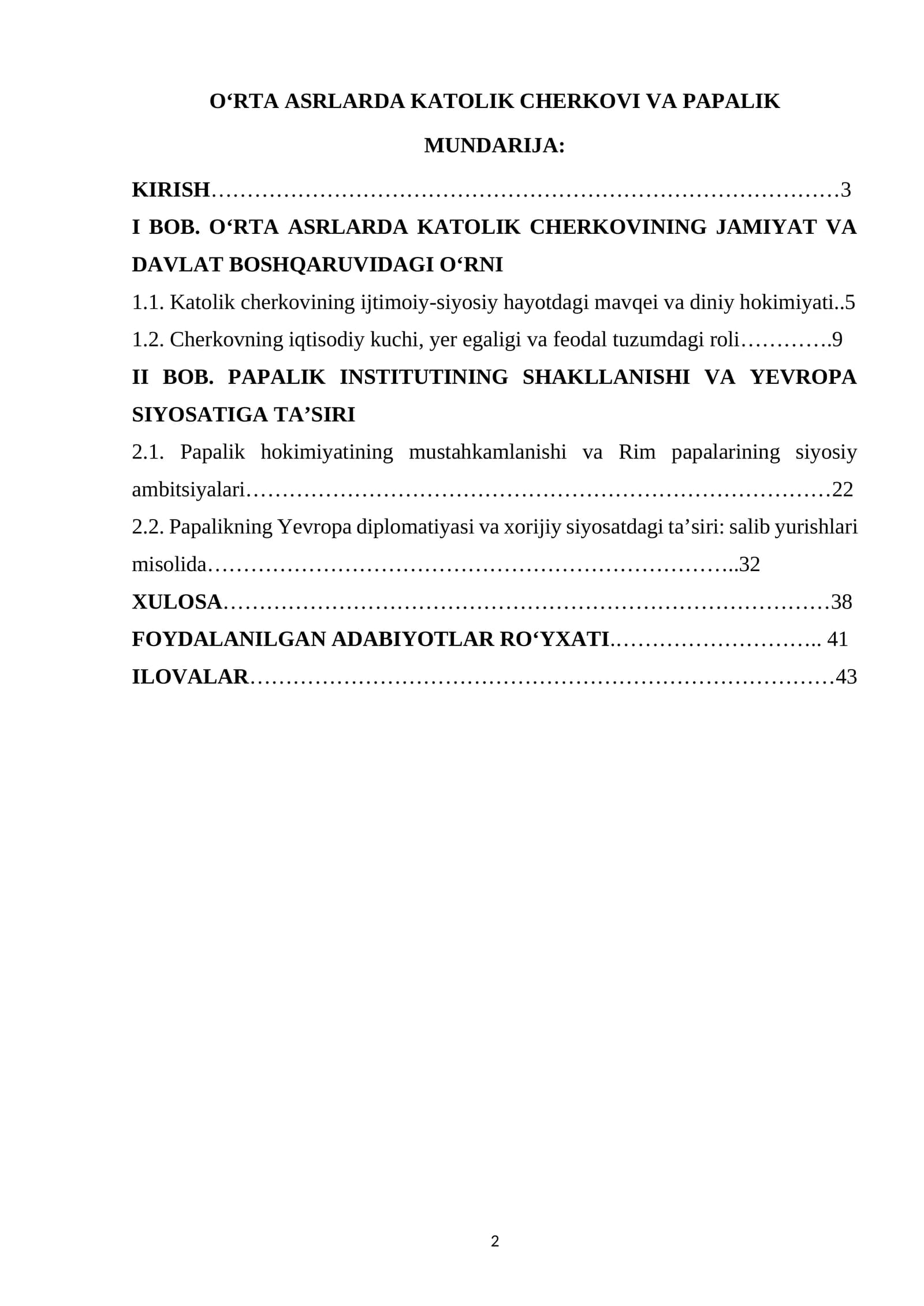 OʻRTA ASRLARDA KATOLIK CHERKOVI VA PAPALIK