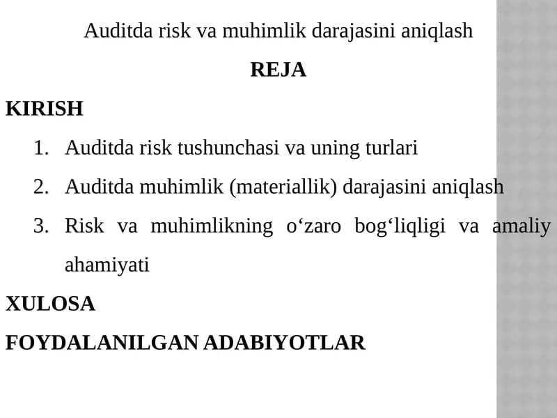 Auditda risk va muhimlik darajasini aniqlash