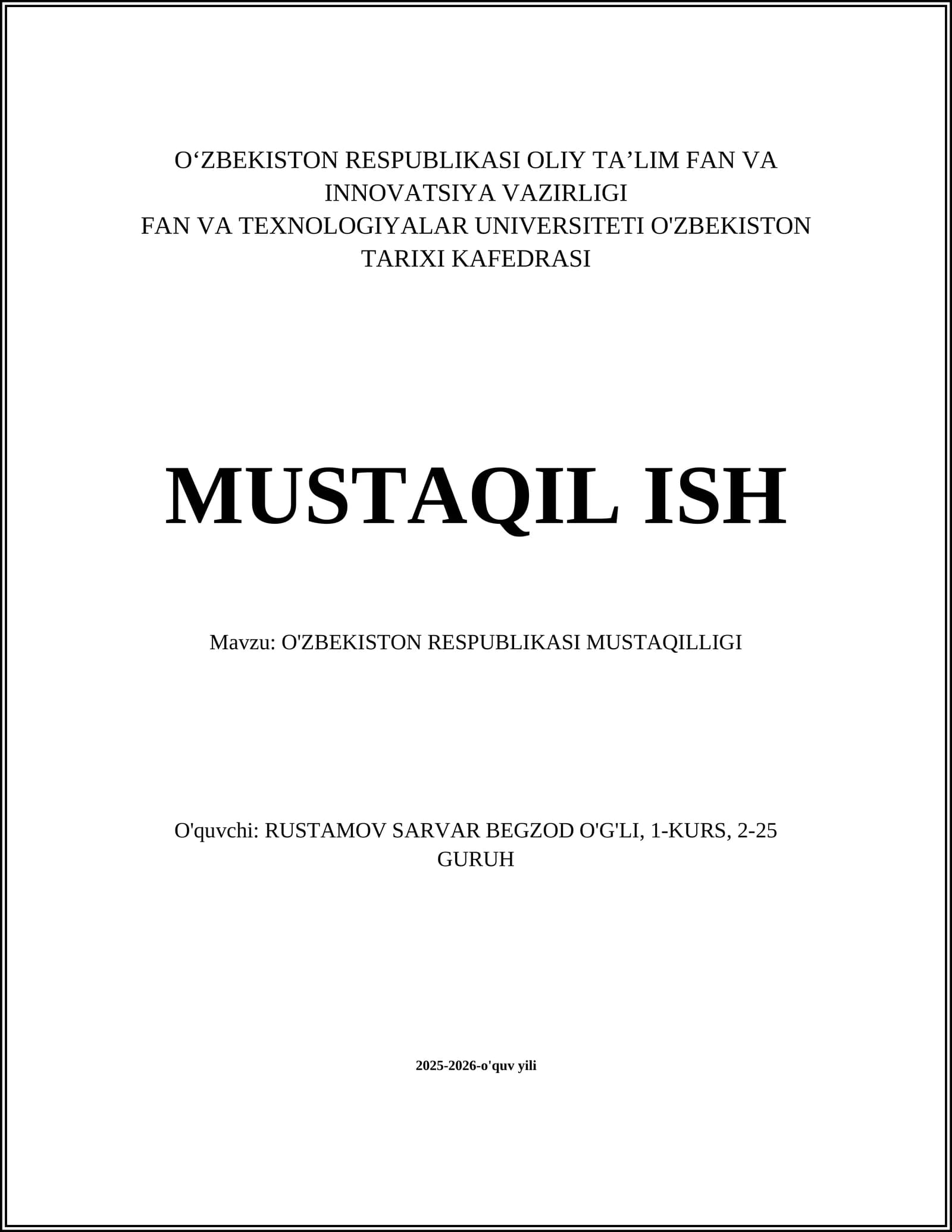 O'ZBEKISTON RESPUBLIKASI MUSTAQILLIGI