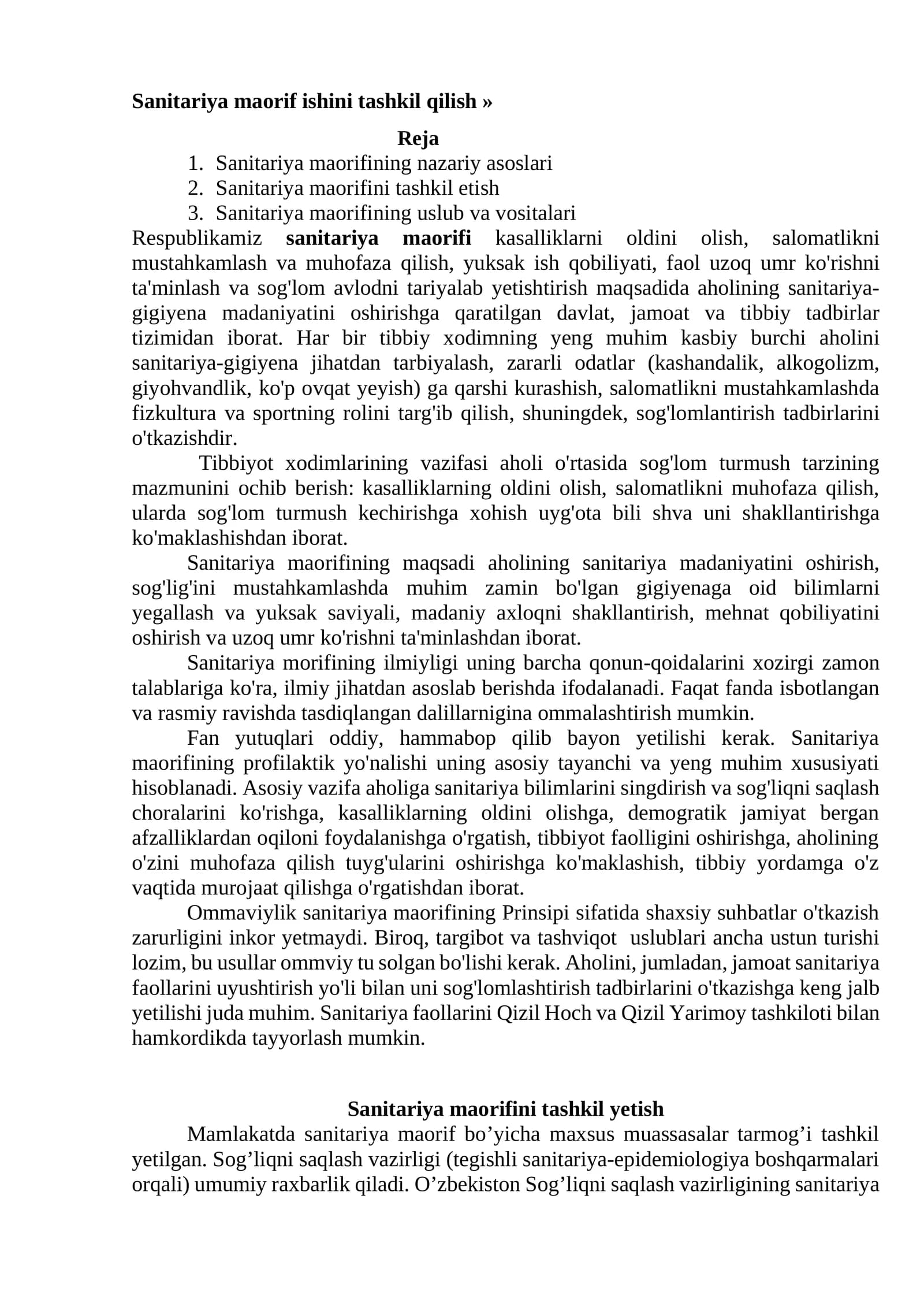Sanitariya maorif ishini tashkil qilish