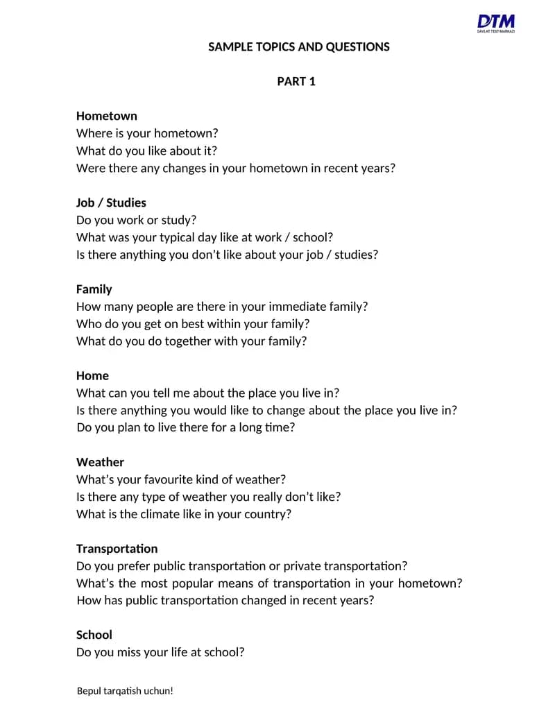 SAMPLE TOPICS AND QUESTIONS