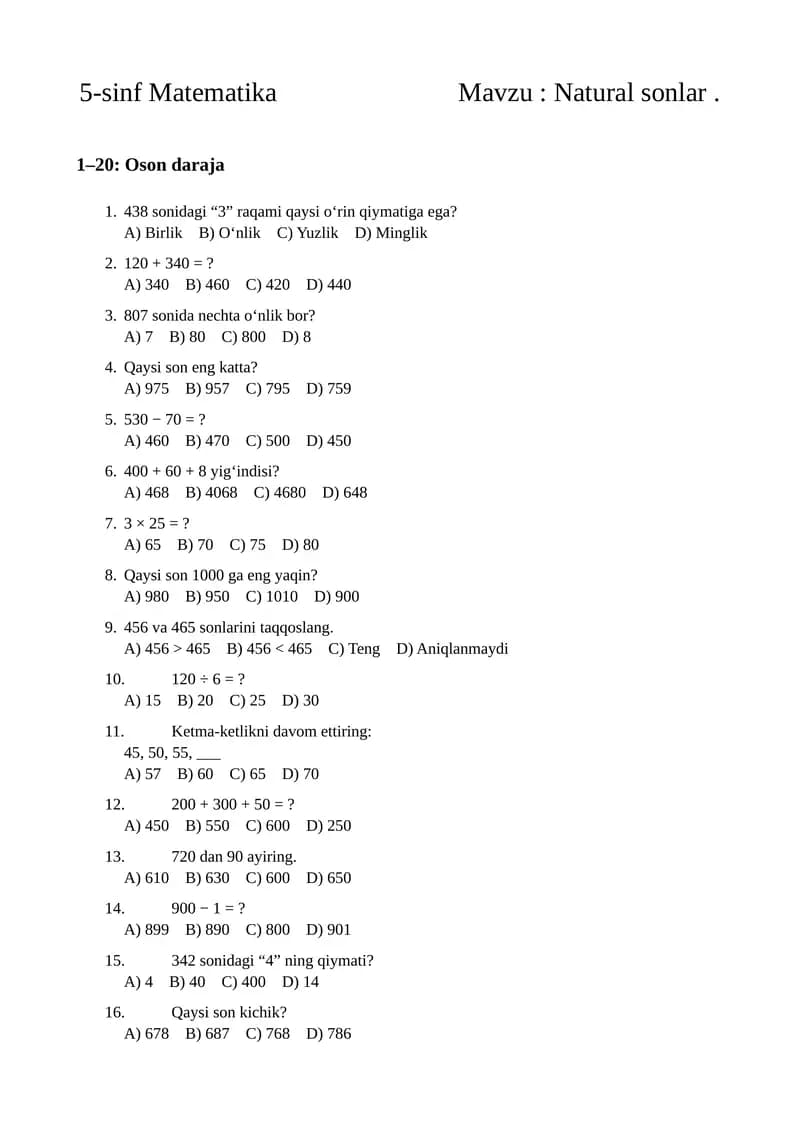 Matematika fanidan natural sonlar testi(5-sinf)