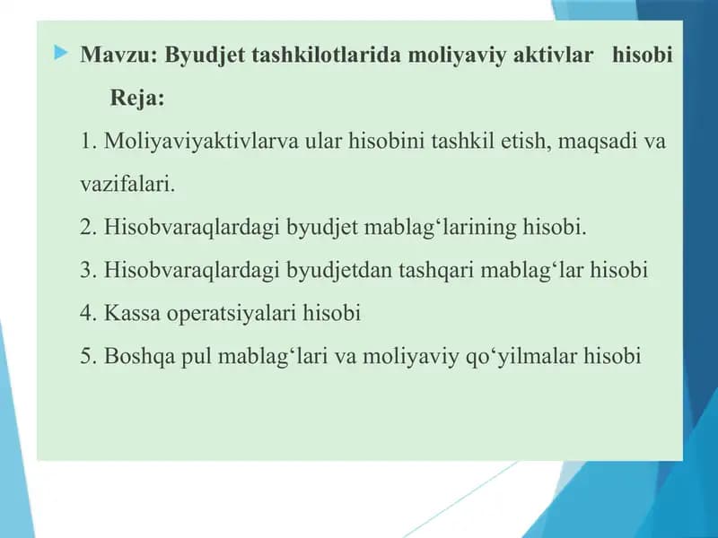 Byudjet tashkilotlarida moliyaviy aktivlar   hisobi