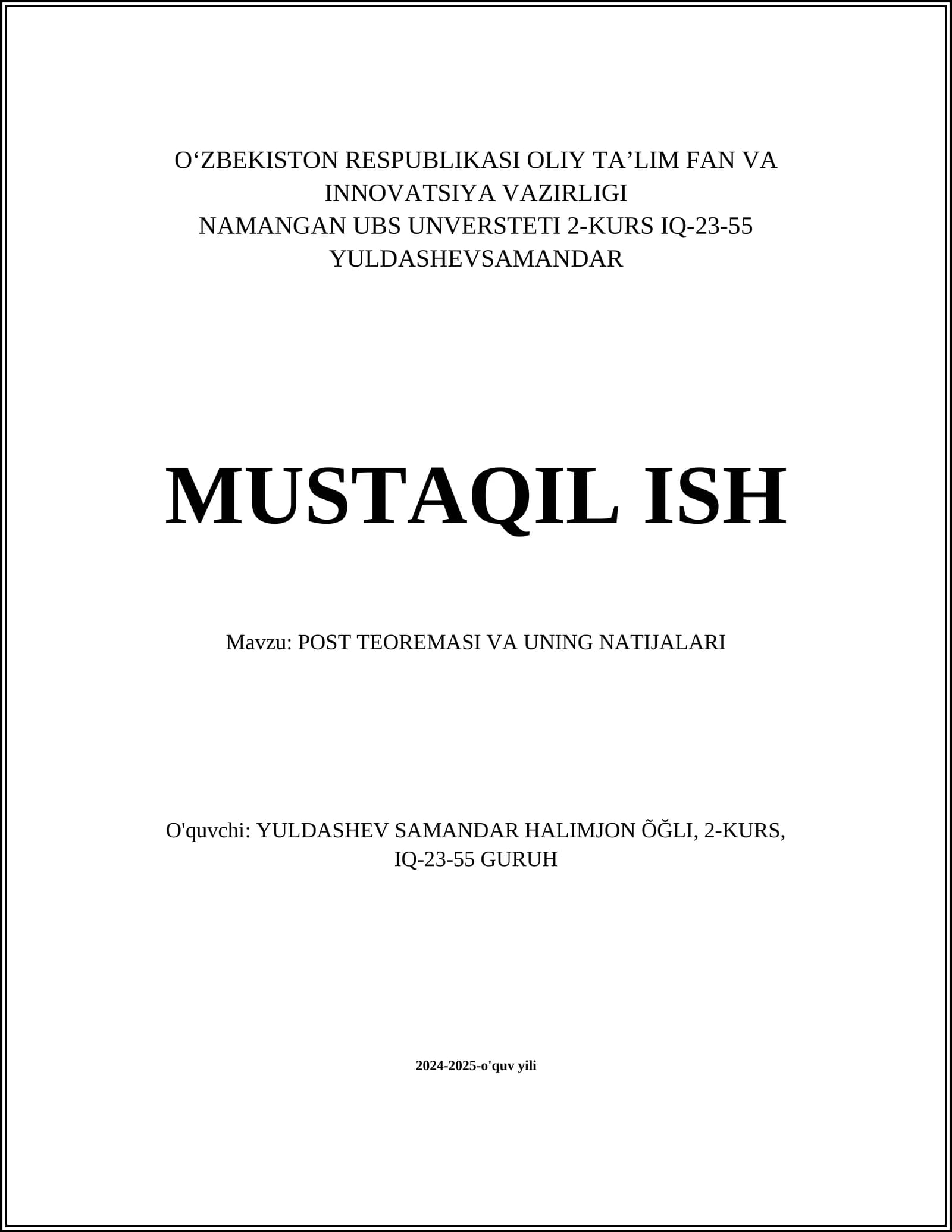 POST TEOREMASI VA UNING NATIJALARI