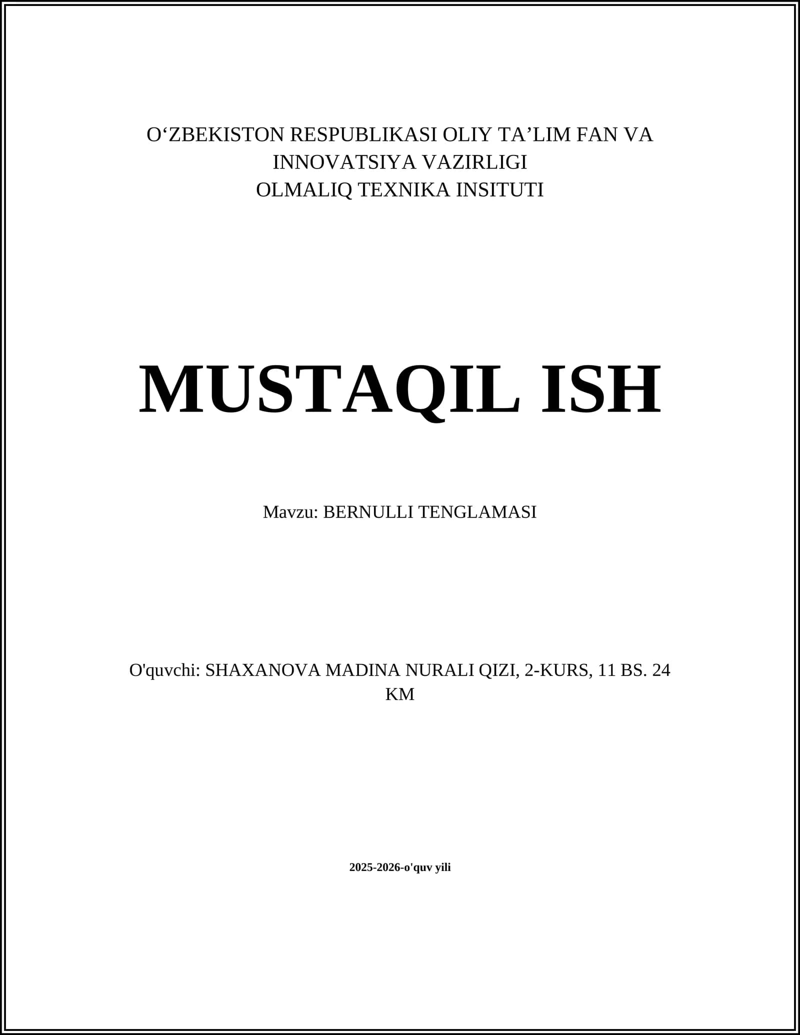BERNULLI TENGLAMASI