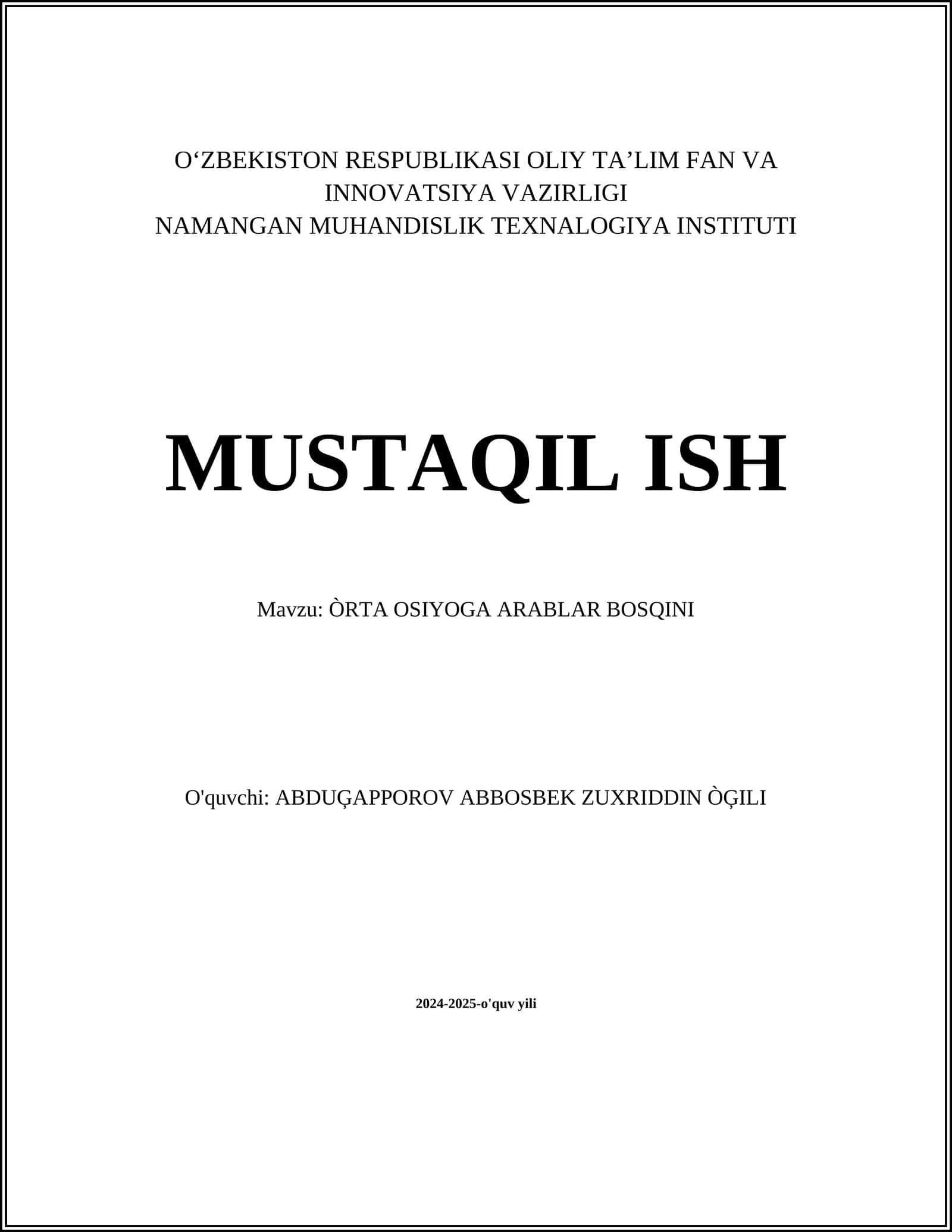 ÒRTA OSIYOGA ARABLAR BOSQINI