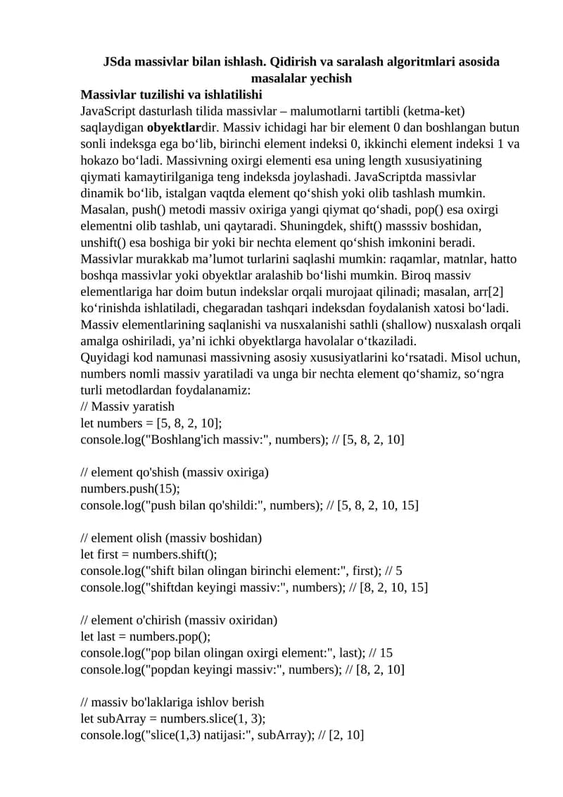 JavaScriptda Massivlar bilan ishlash