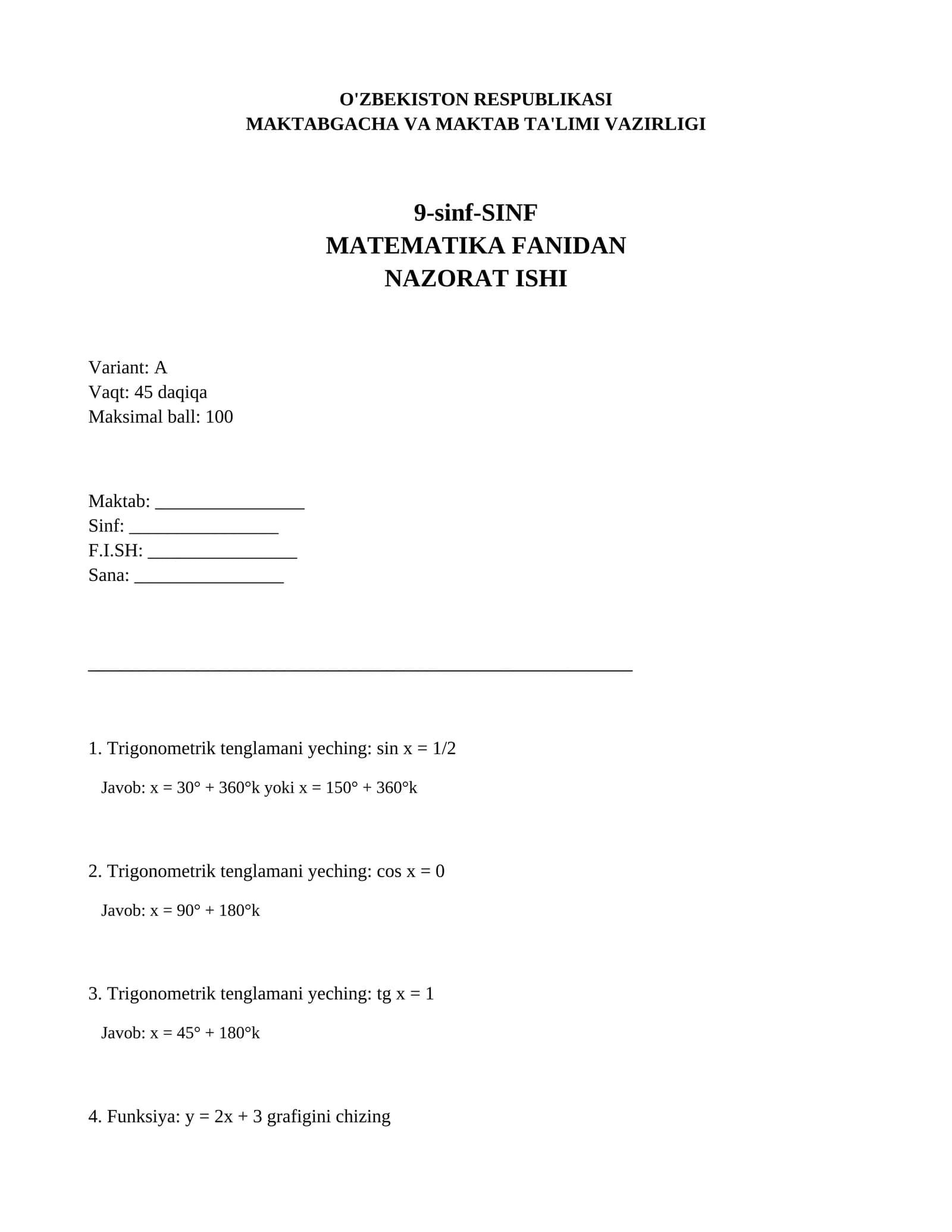 9-sinf Matematika fanidan nazorat ishi Variant A
