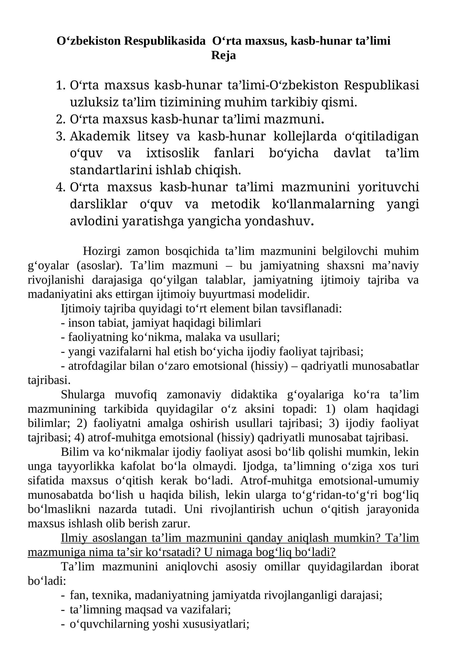 O‘zbekiston Respublikasida O‘rta maxsus, kasb-hunar ta’limi