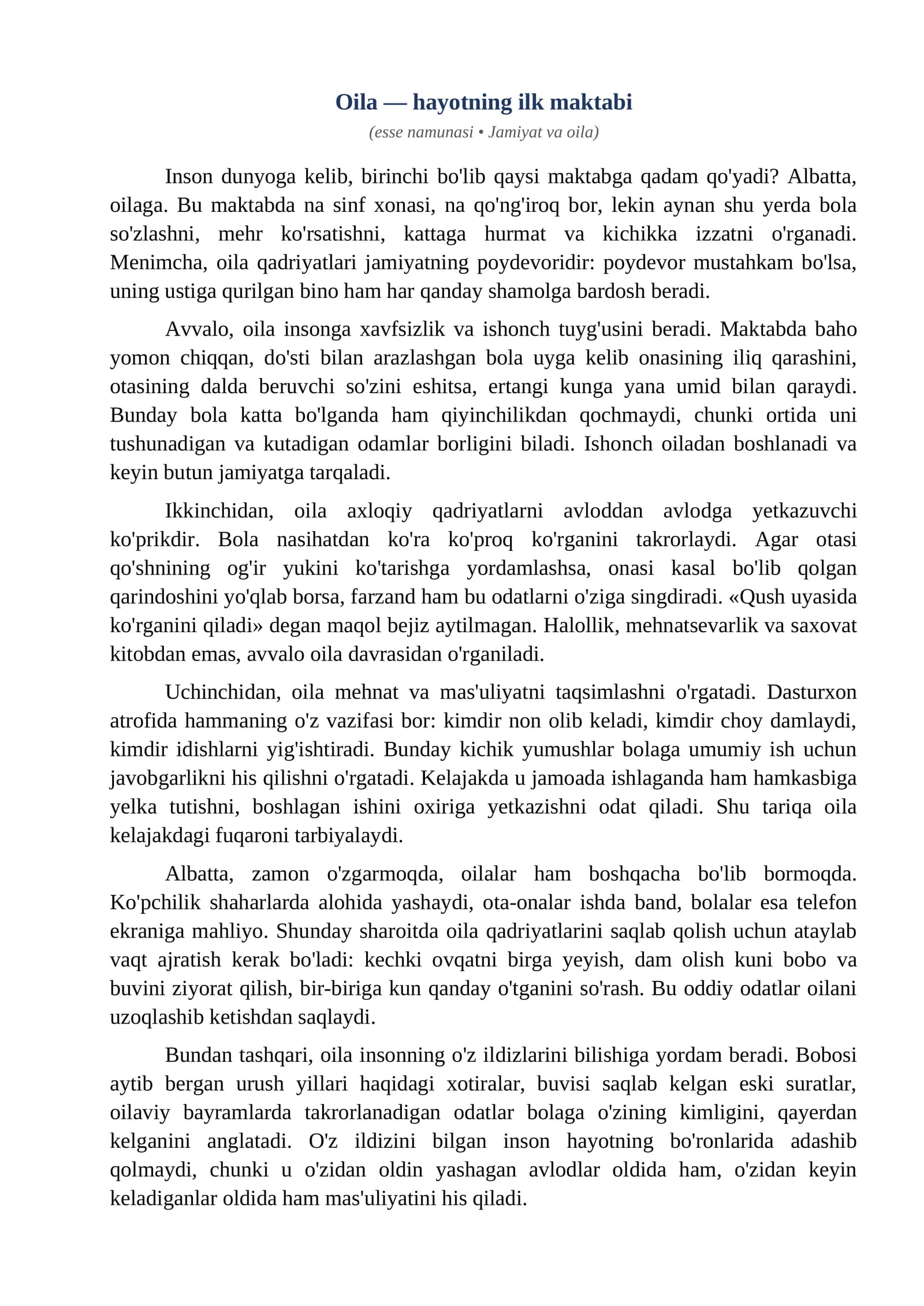 Esse Oila hayotning ilk maktabi