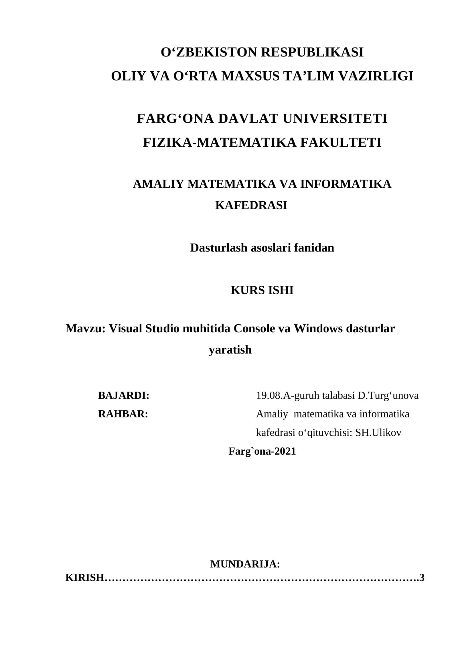 [Visual Studio muhitida Console va Windows dasturlar yaratish]