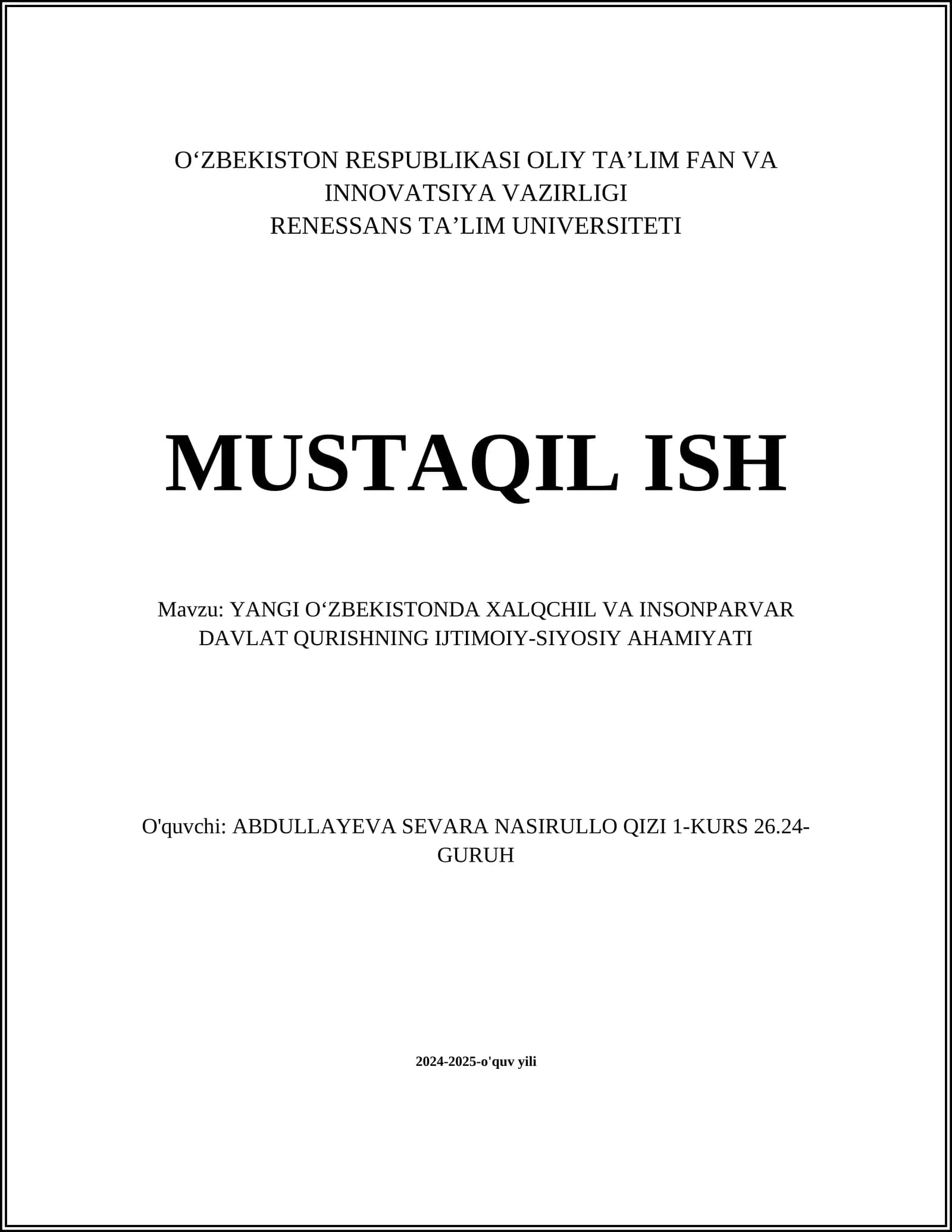 YANGI O'ZBEKISTONDA XALQCHIL VA INSONPARVAR DAVLAT QURISHNING IJTIMOIY-SIYOSIY AHAMIYATI
