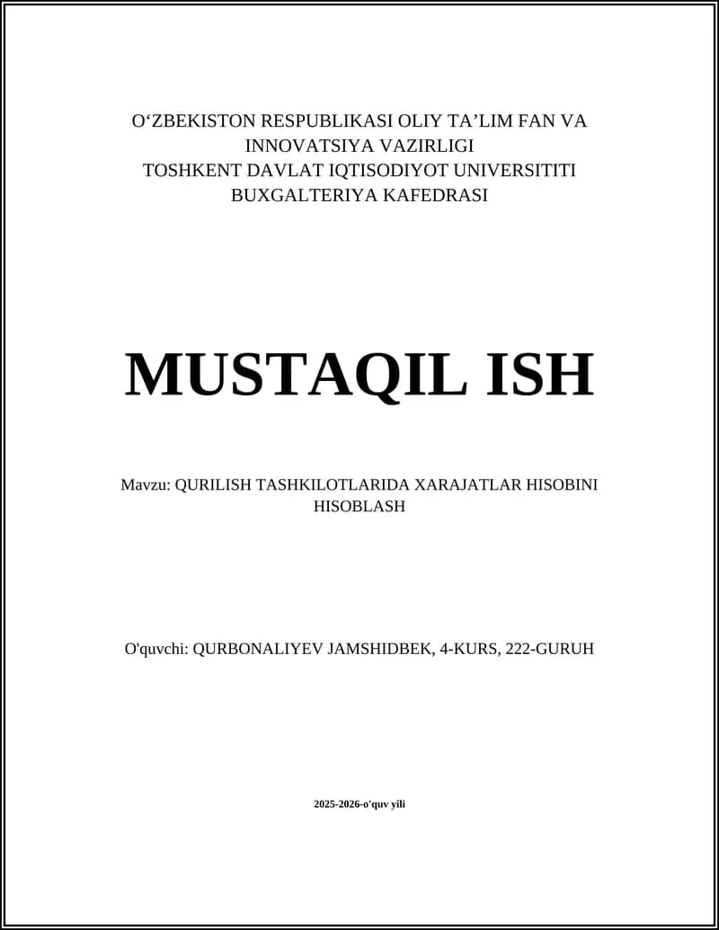 Qurilish Tashkilotlarida Xarajatlar Hisobini Hisoblash
