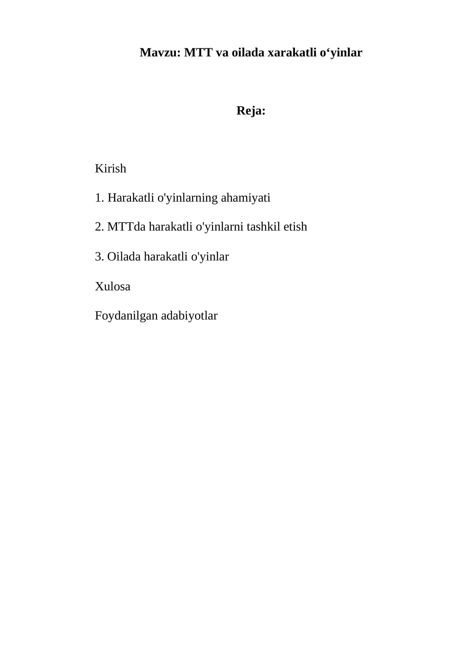MTT va oilada xarakatli oʻyinlar