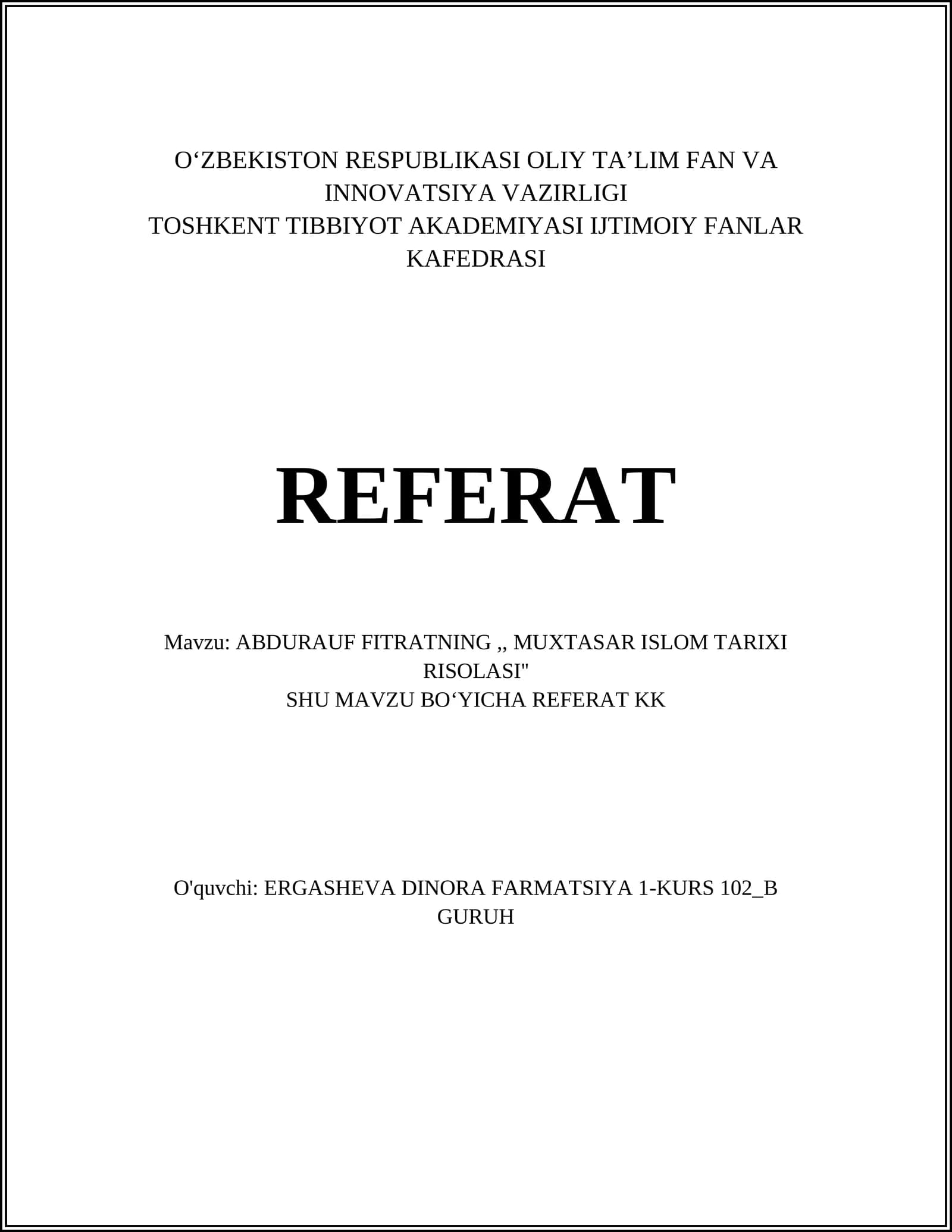 MUXTASAR ISLOM TARIXI RISOLASI