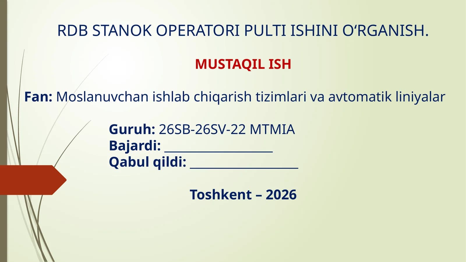 RDB STANOK OPERATORI PULTI ISHINI O‘RGANISH