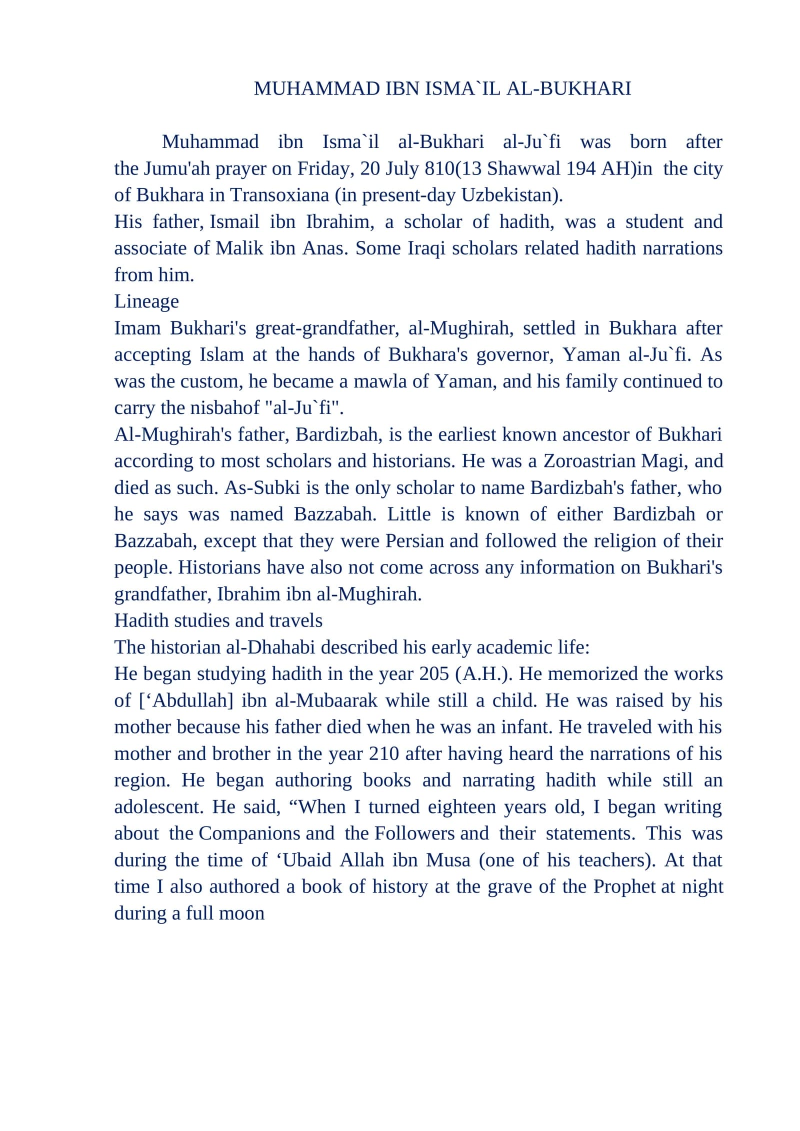 MUHAMMAD IBN ISMA`IL AL-BUKHARI