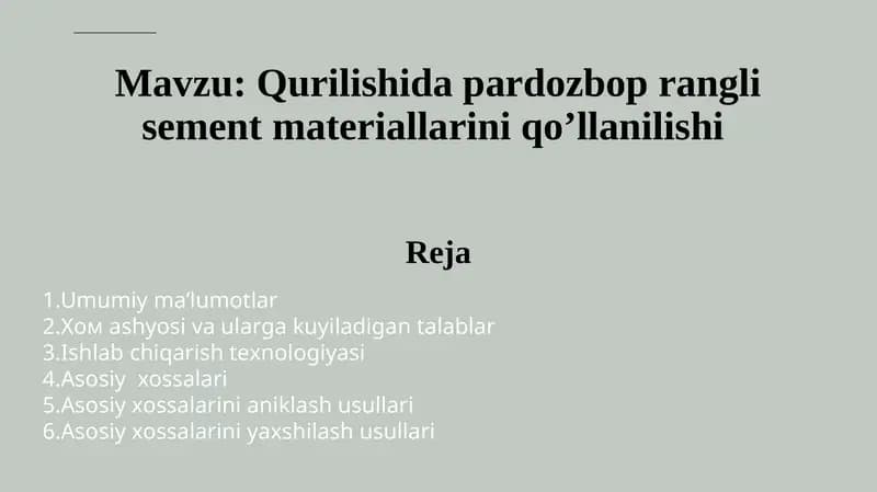 Qurilishida pardozbop rangli sement materiallarini qo’llanilishi
