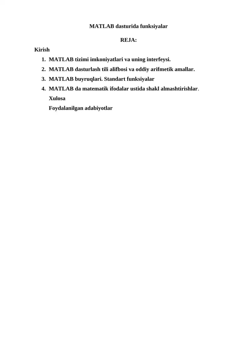 MATLAB dasturida funksiyalar
