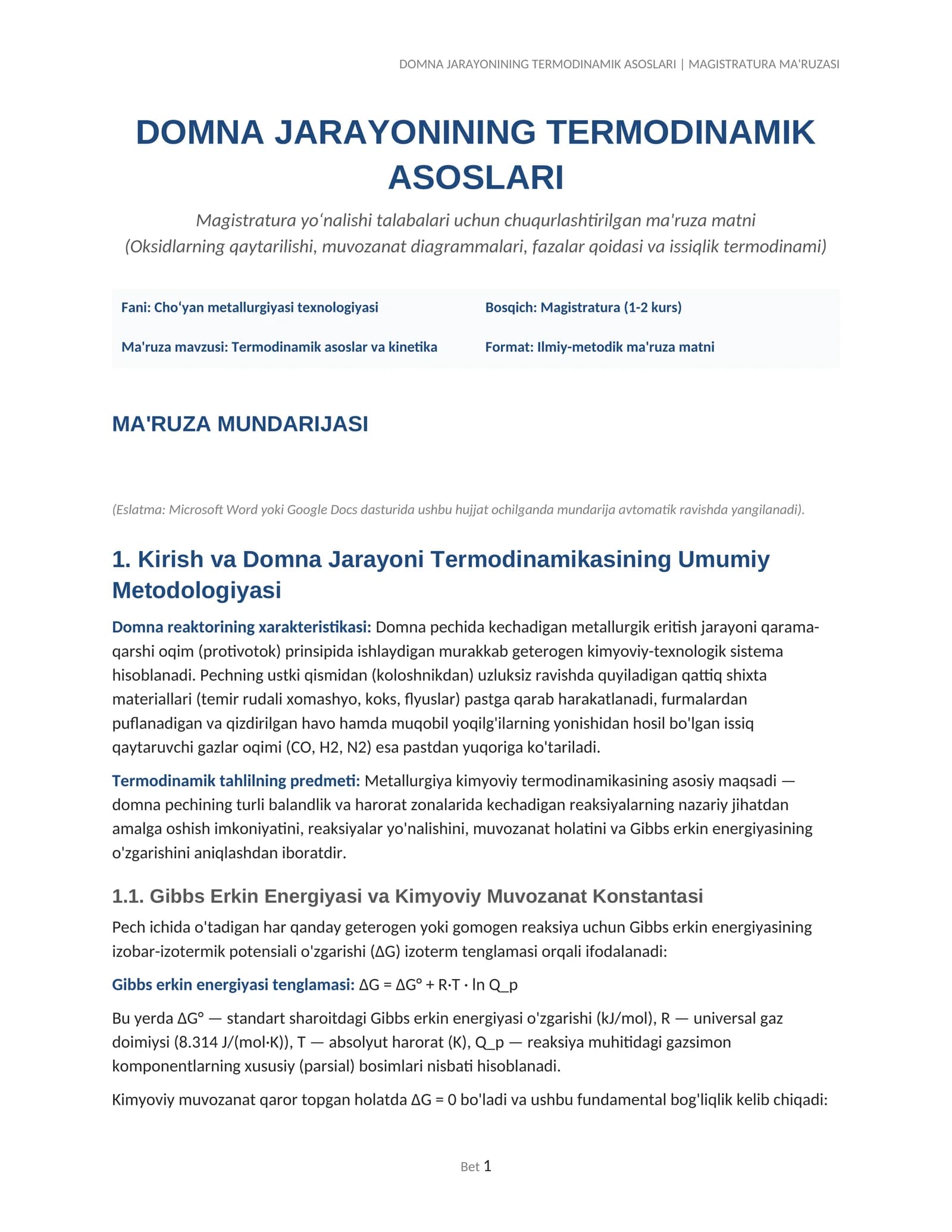 DOMNA JARAYONINING TERMODINAMIK ASOSLARI