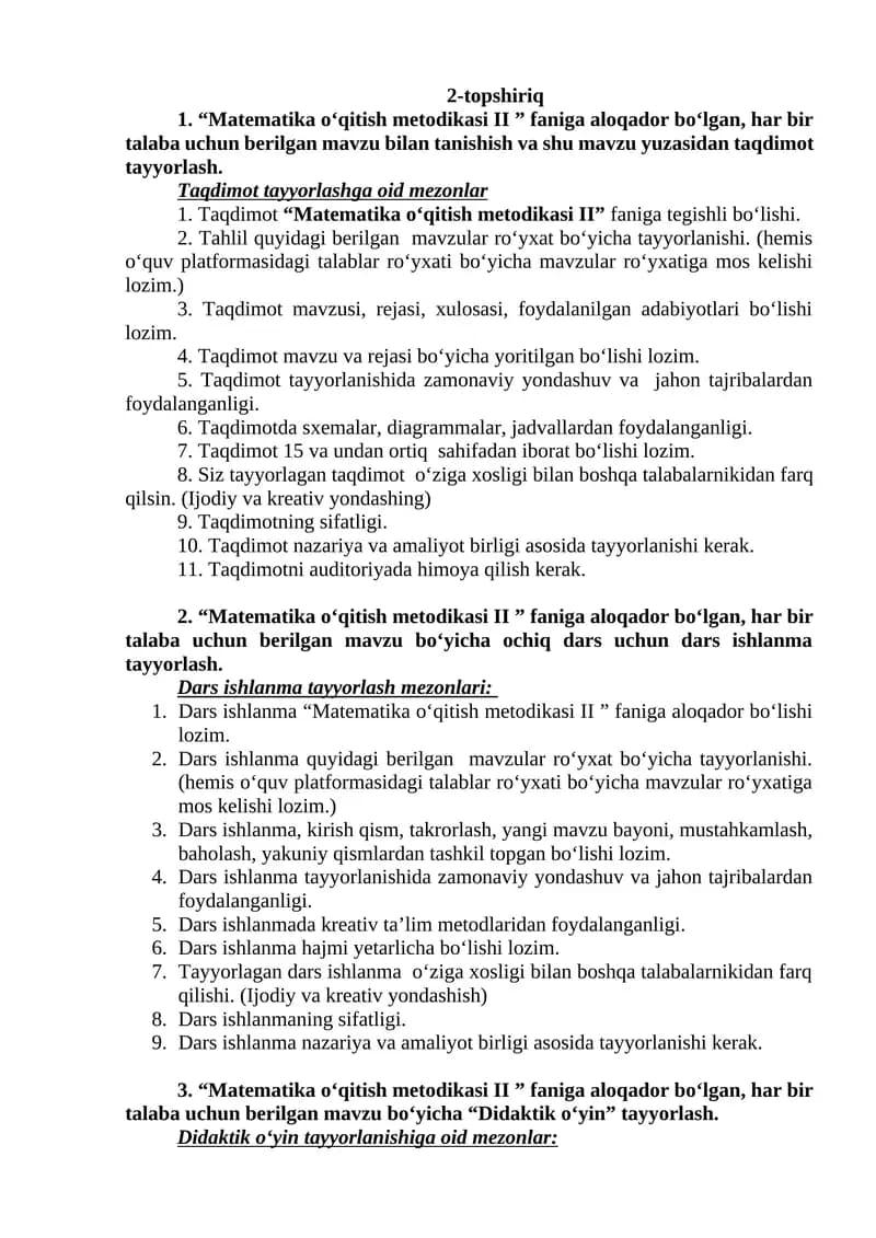 Matematika oʻqitish metodikasi II