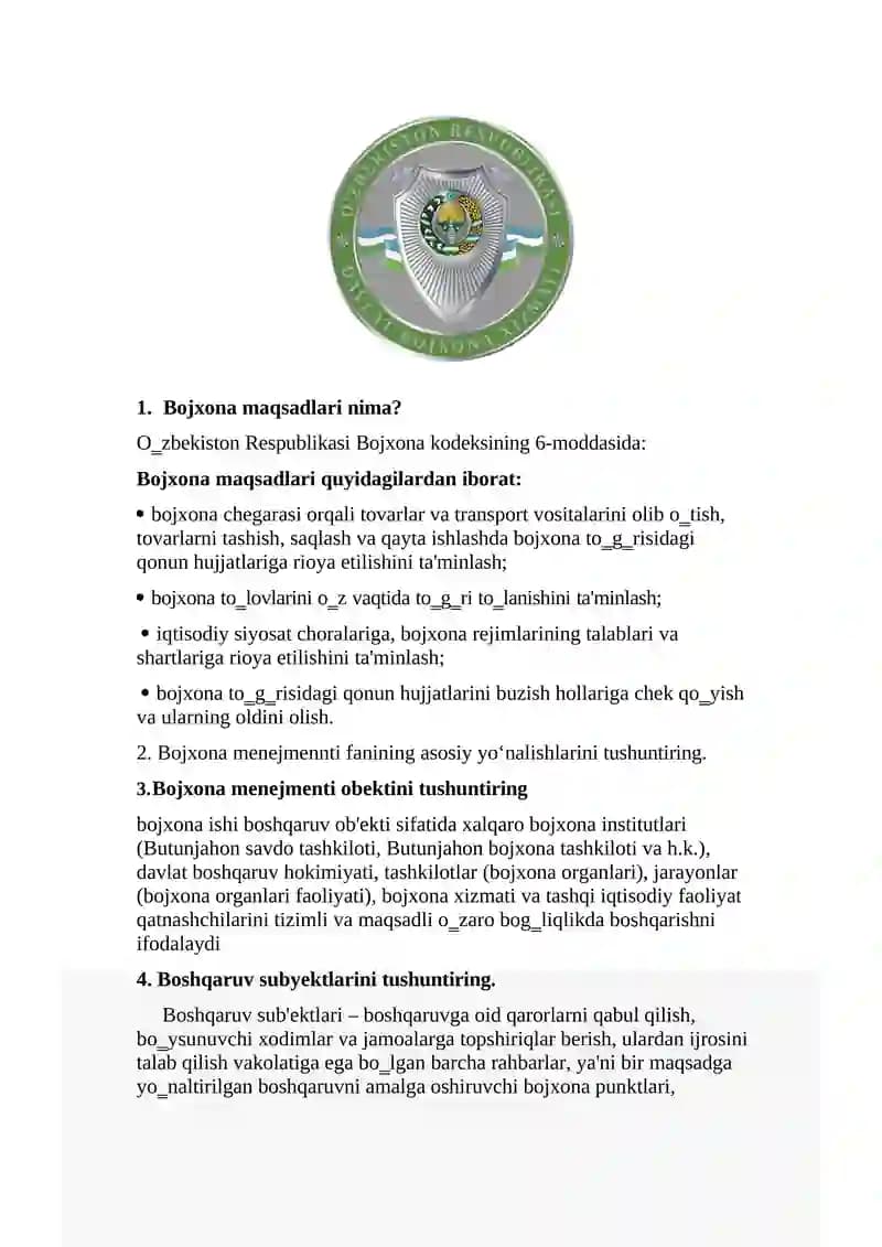 Bojxona qo'mitasiga ishga kirish uchun savol javoblar toplami