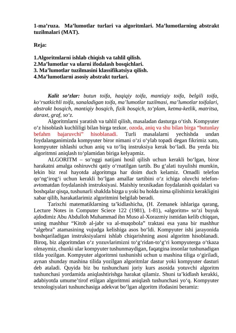 Algoritm va ma'lumotlar turlari